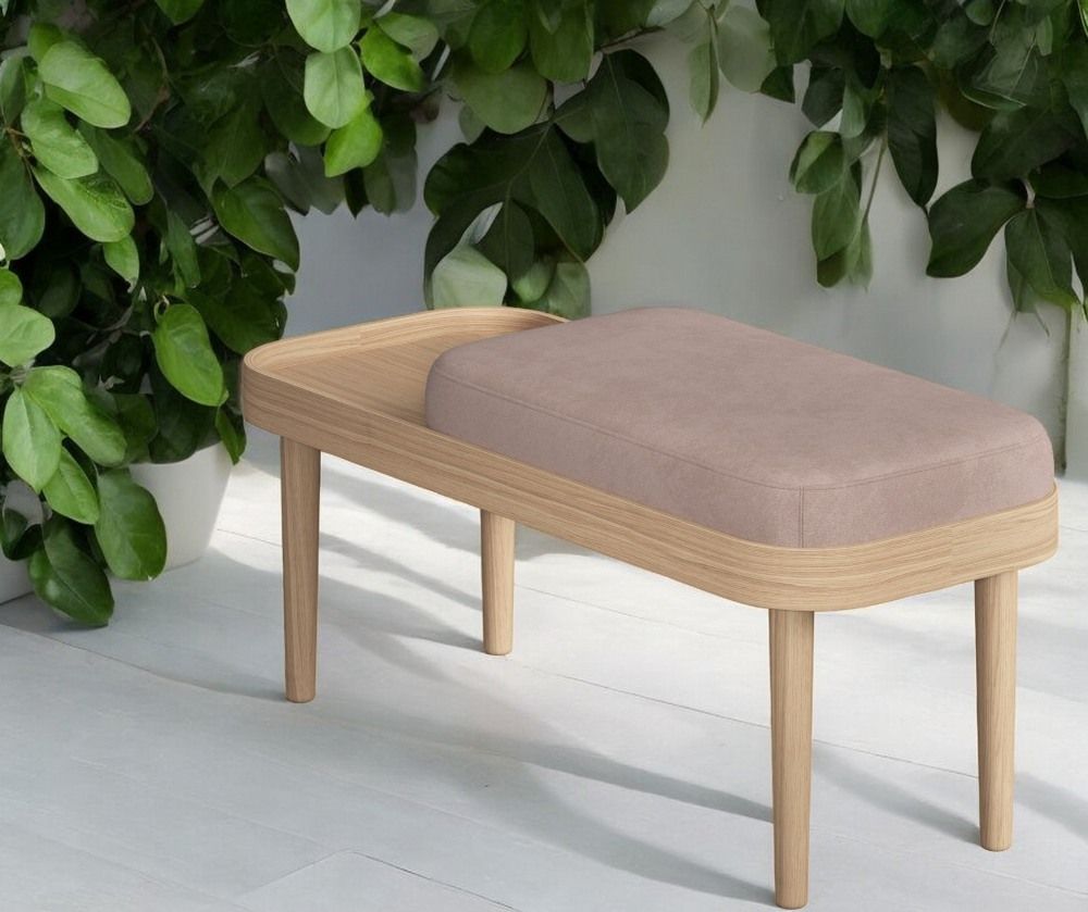 Serena Bank Eiche natur mit weißem Nubbio Polster, moderne Sitzbank für Wohnzimmer und Flur.