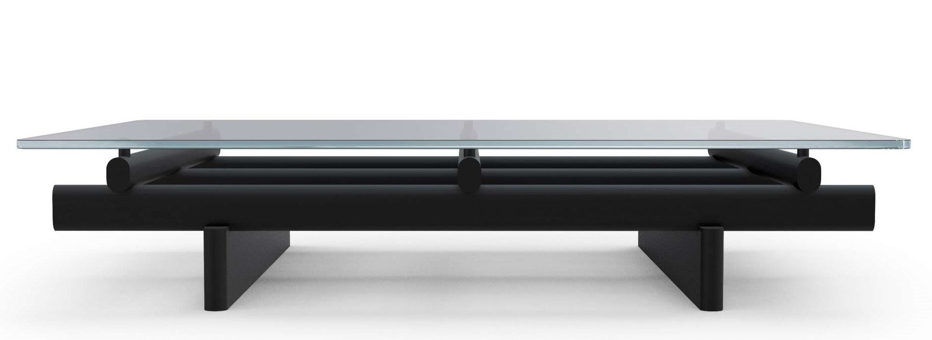 Cassina Sengu Couchtisch mit Glasplatte und schwarzem Holzgestell, moderner Design Couchtisch.