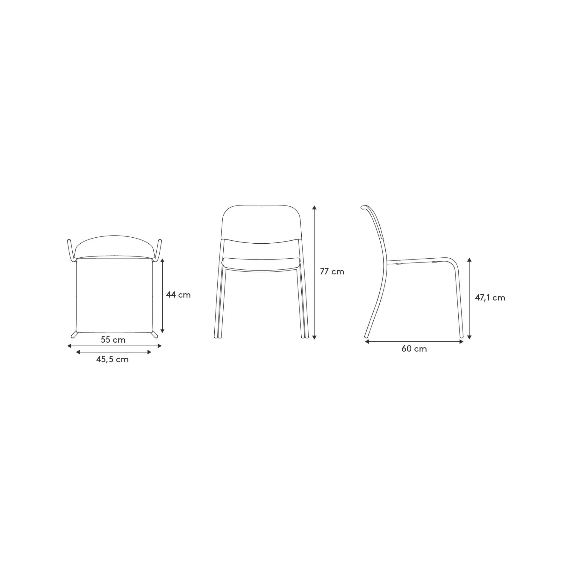 Yua Chair Stuhl Outdoor Blomus Silk gray, technische Zeichnung mit Maßangaben in Zentimetern.