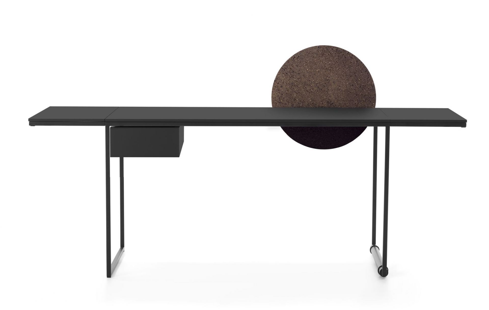Schwarzer Macis Schreibtisch mit Schublade und runder Pinnwand aus Kork, modernes Design.