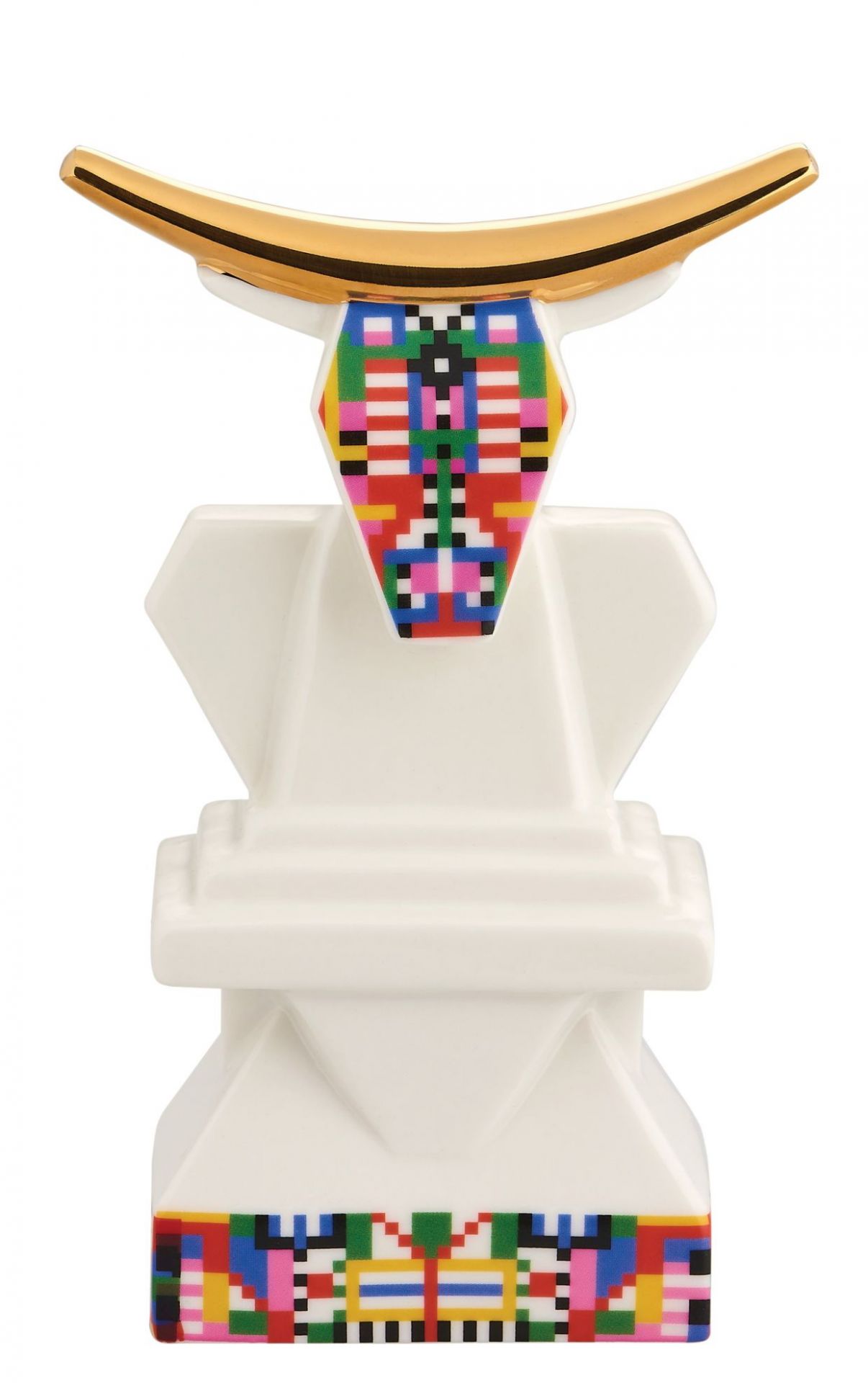 Alessi Cow Porzellanfigur ESA05, ein dekoratives Einzelstück mit bunten Pixelmustern und goldenen Hörnern.