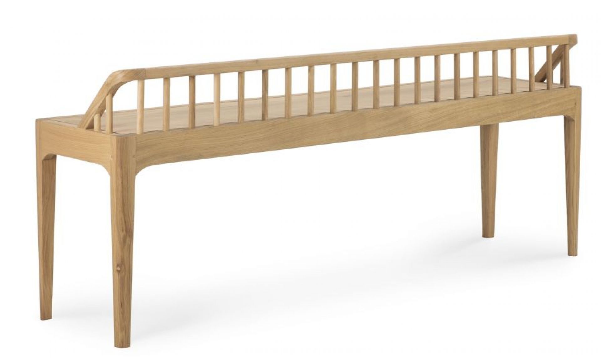 Ethnicraft Spindle Bank aus hellem Eichenholz mit filigranem, geradlinigem Design und feinen Holzstäben.