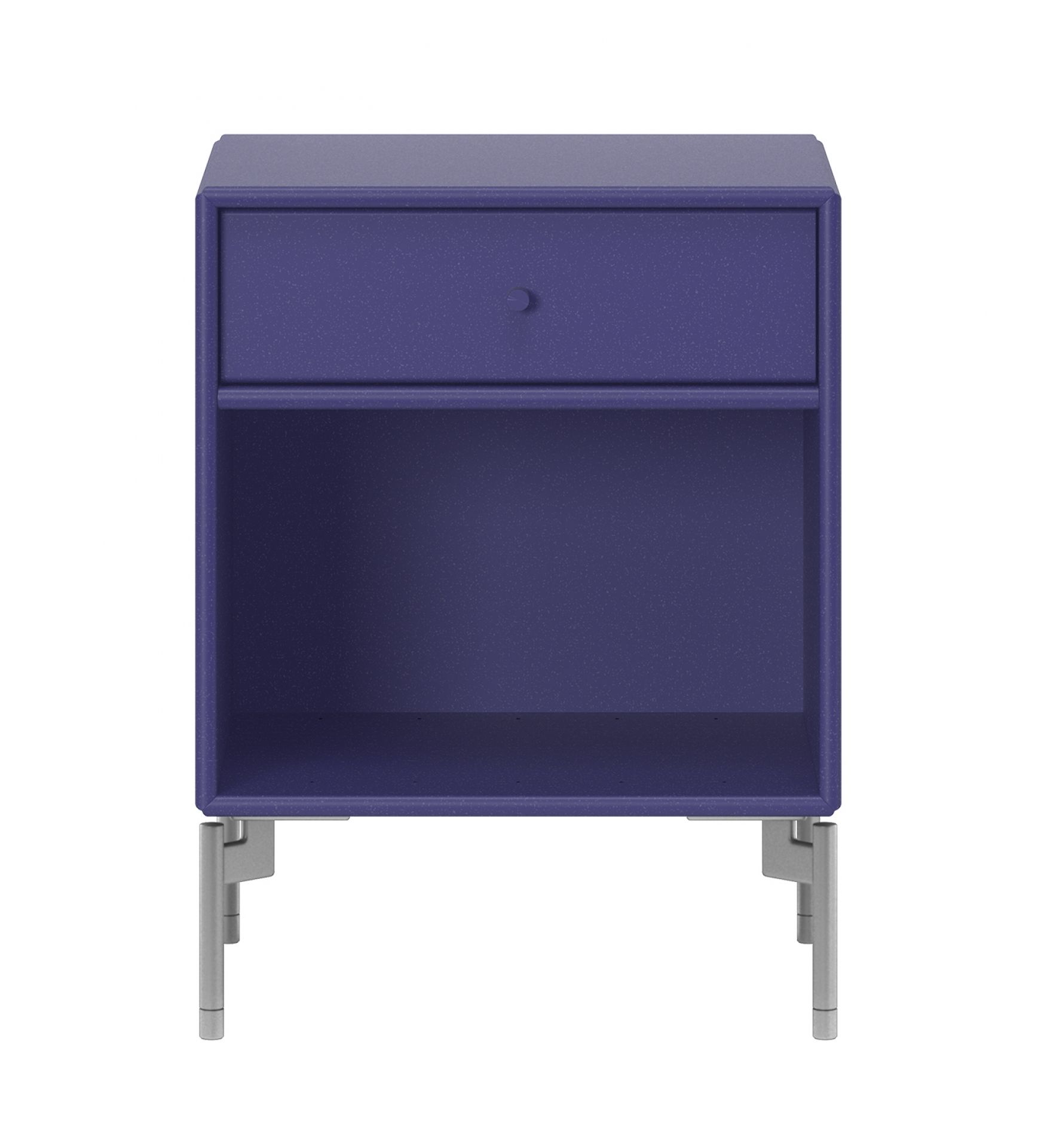 Lila DREAM Nachttisch mit Schublade und Ablagefach auf silbernen Füßen.