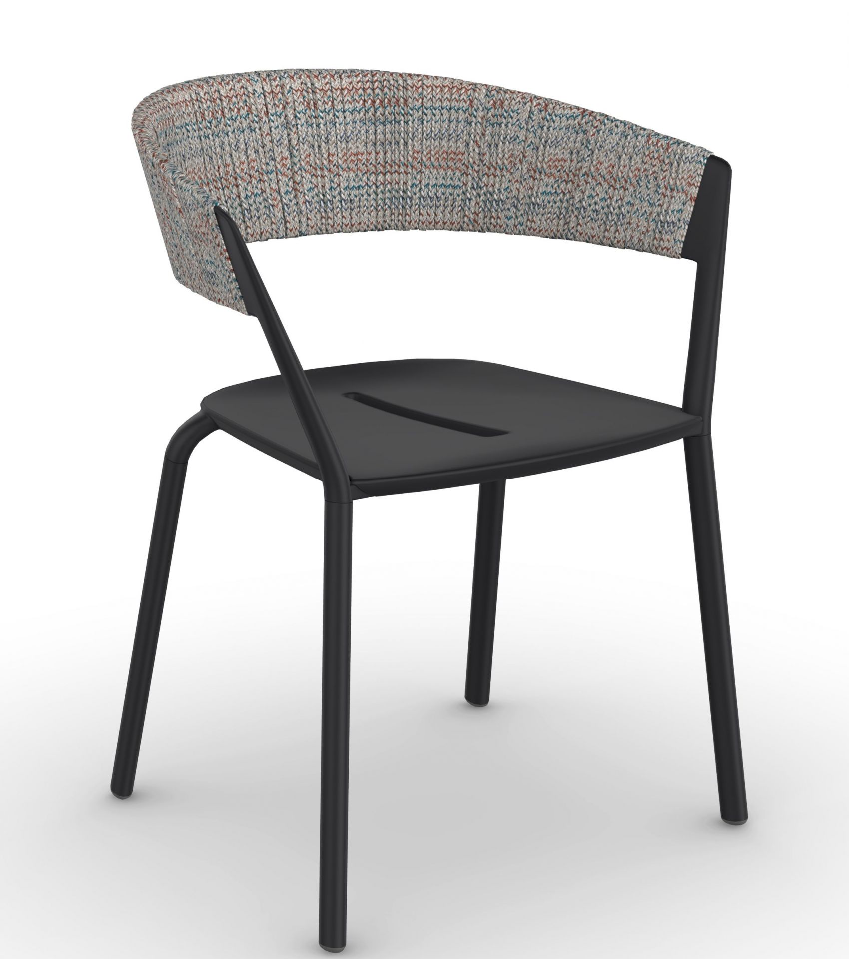 Schwarzer Ria Stuhl mit Armlehnen und gemustertem Stoffbezug. Moderner Designstuhl für Esszimmer und Wohnbereich.