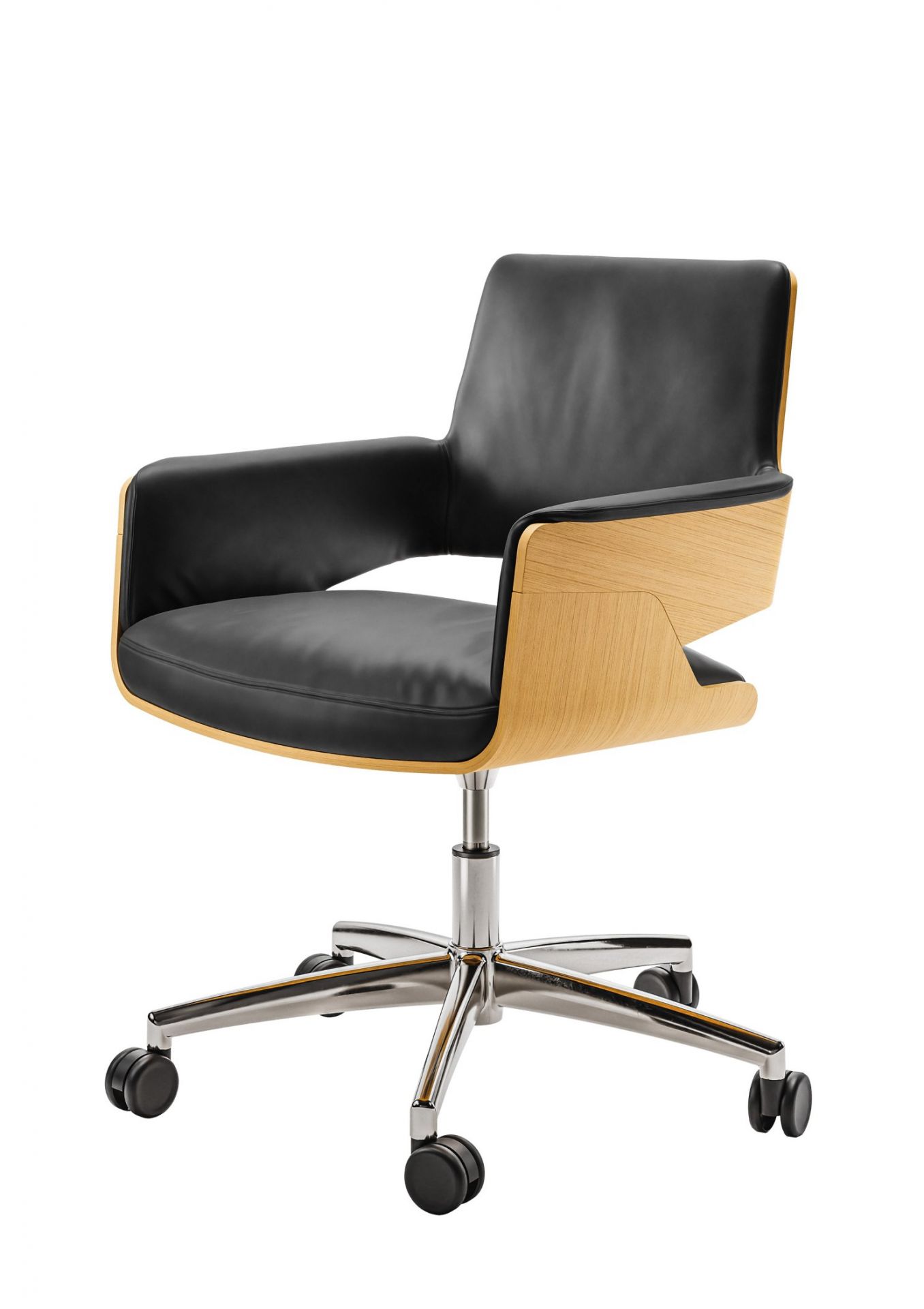 Thonet S 845 Drehsessel mit schwarzem Leder und hellem Holzgestell auf Rollen.