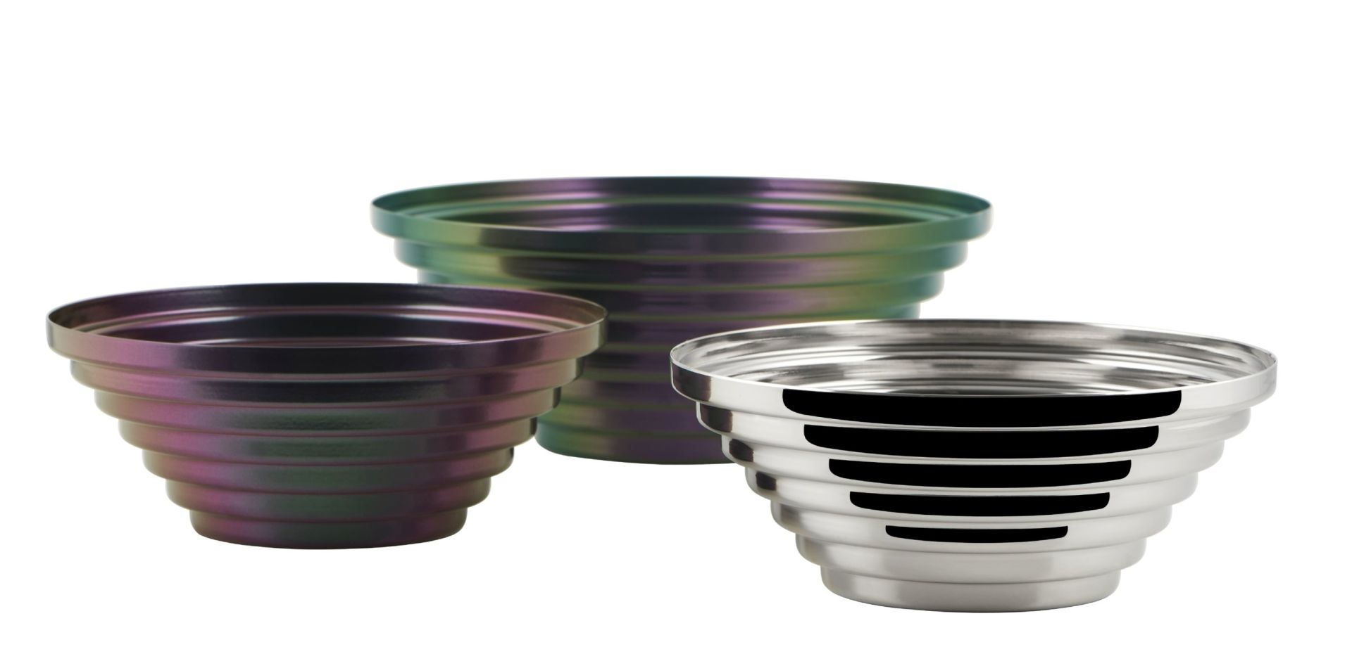 Alessi Maya Schale, rund, in Grün-Lila und Silber, dekorative Schale für Obst und Snacks.