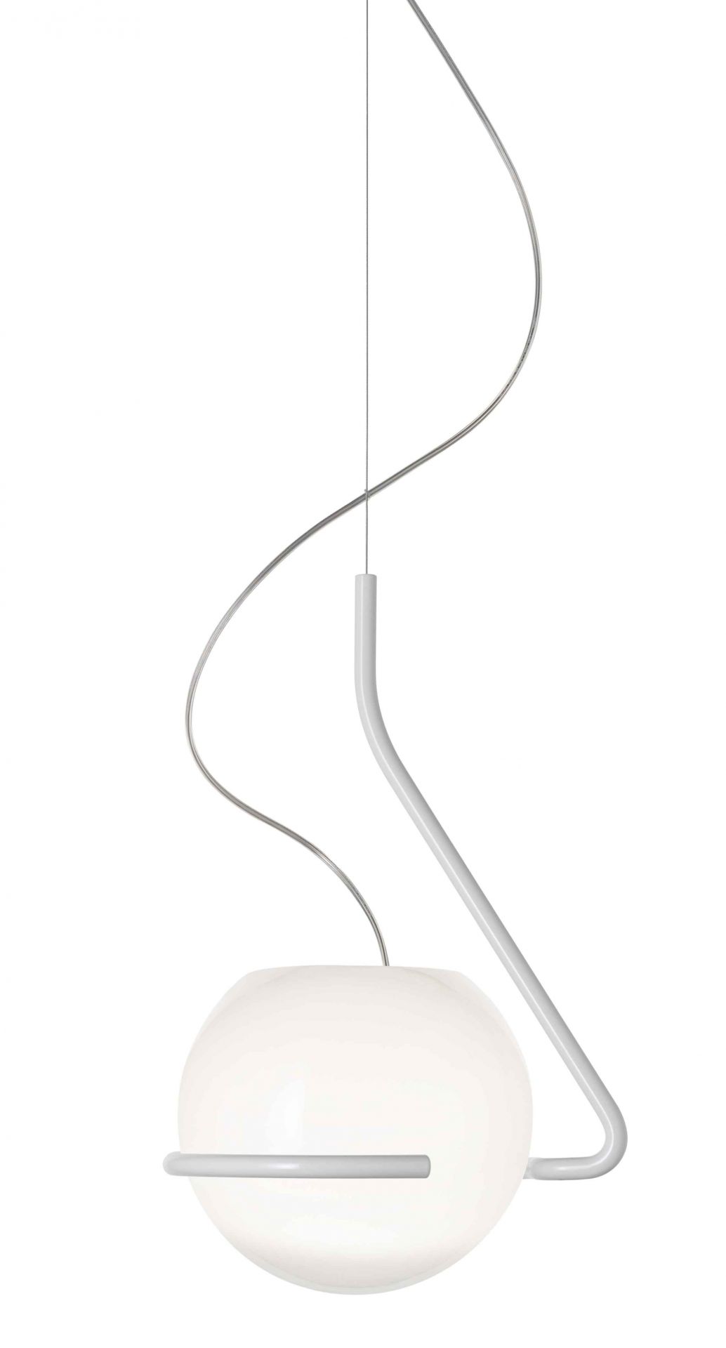 Tonda Piccola Pendelleuchte von Foscarini, moderne Hängelampe mit weißem Glas und Stahlrahmen.