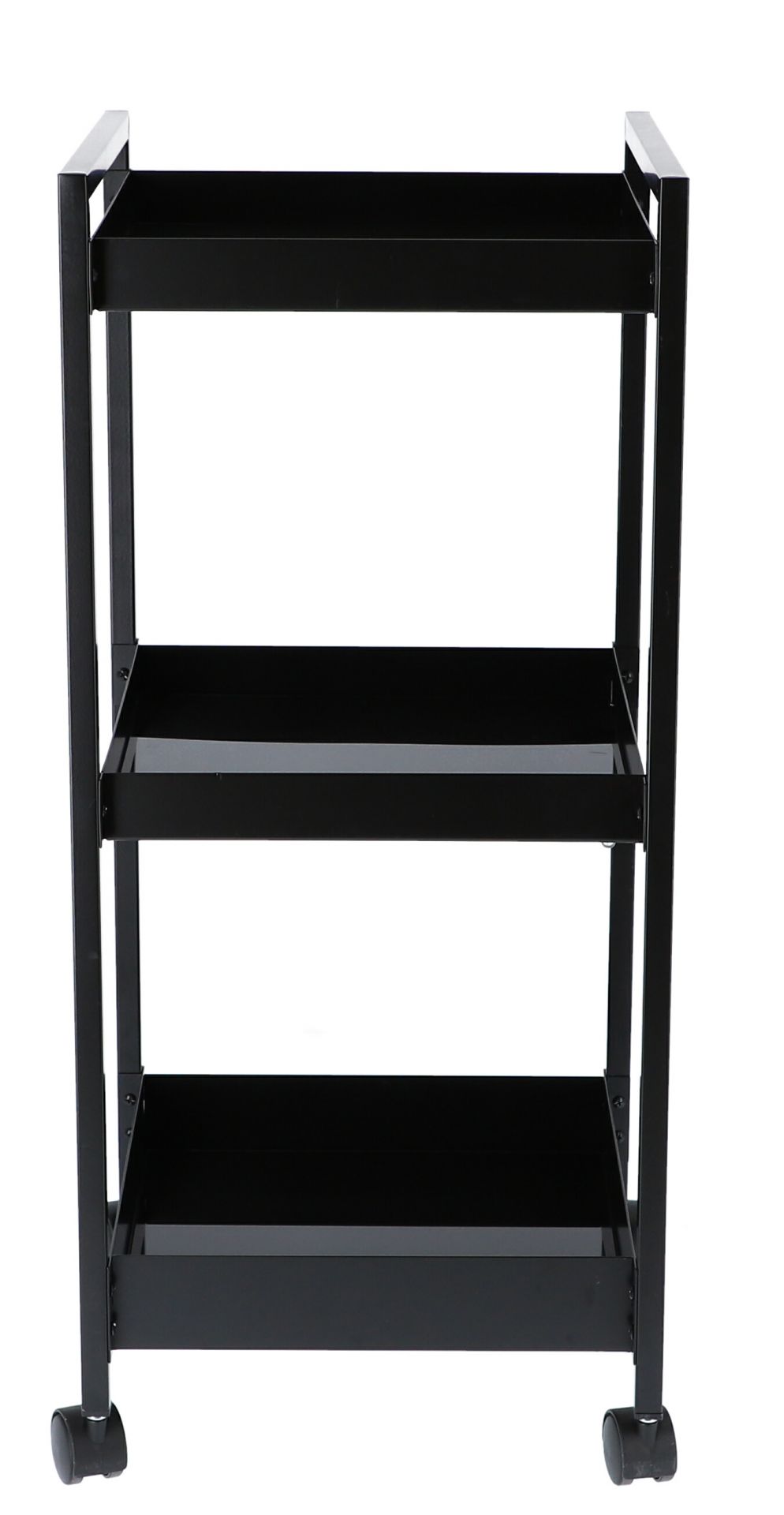 Schwarzer Servierwagen "Butler S" von Jan Kurtz mit drei Ablageflächen und Rollen.