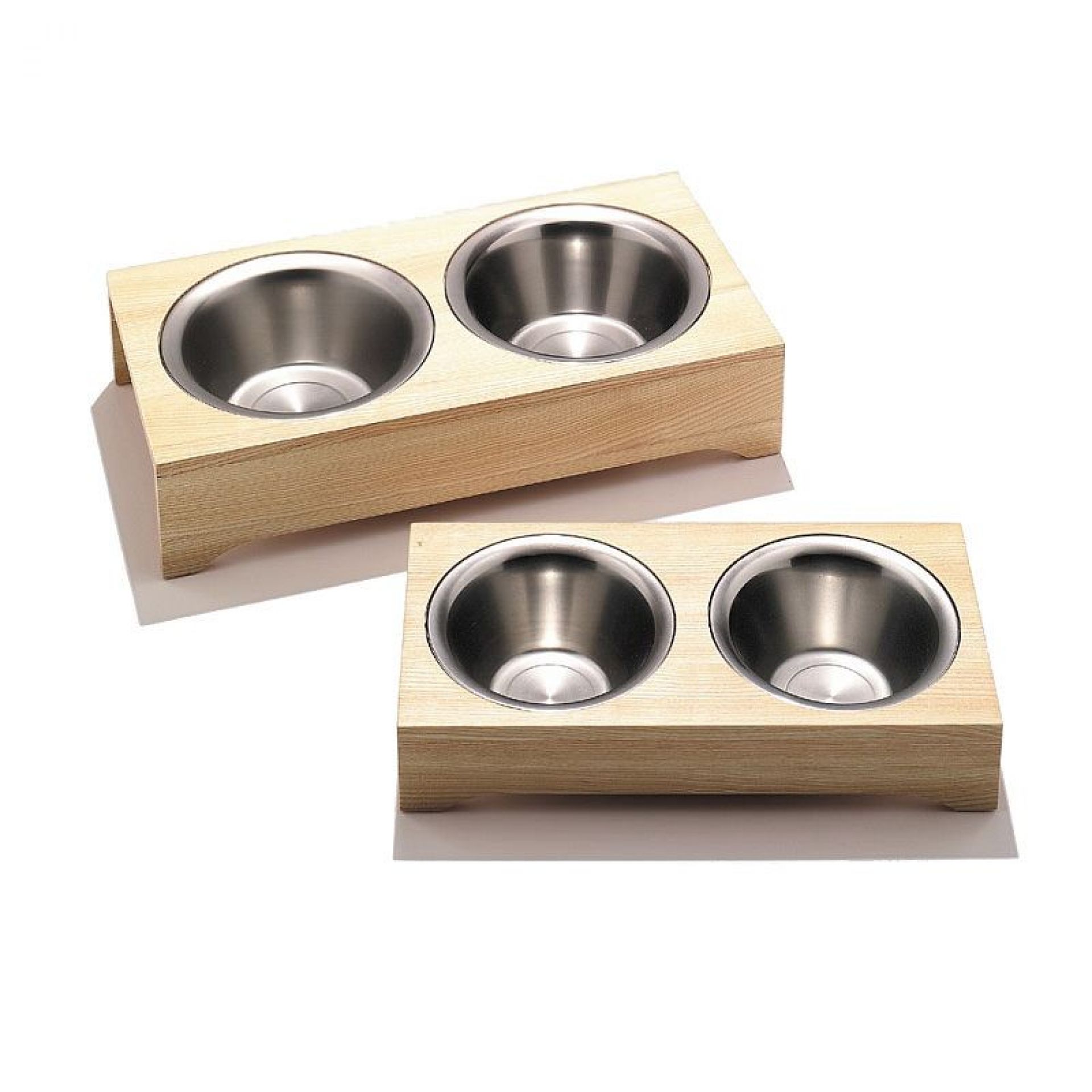 Katzennapf mit zwei Edelstahlnäpfen in hellem Holzrahmen, ideal für Futter und Wasser.