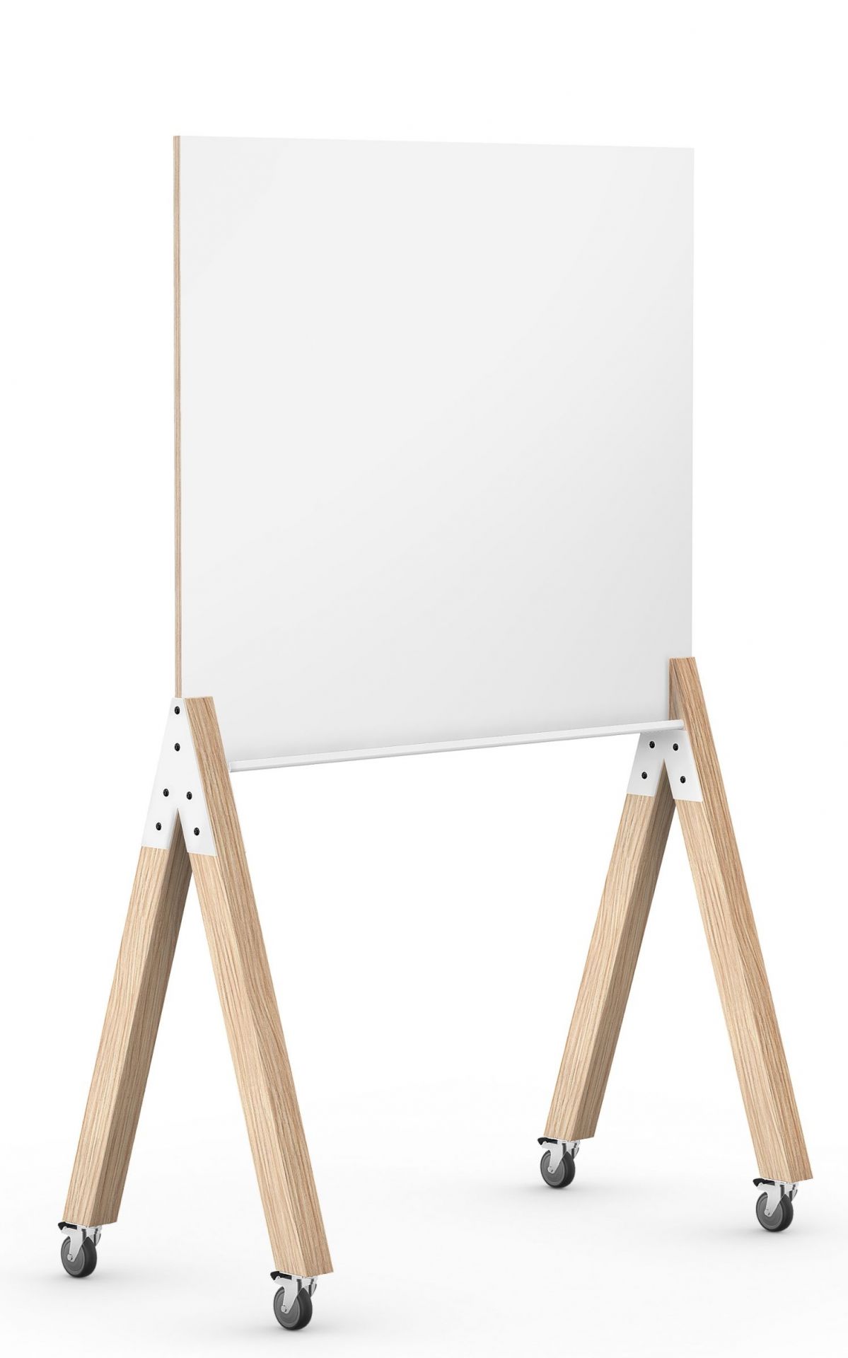 What if We Fly Taskboard: Freistehende, mobile Medienwand mit Whiteboard und hellem Holzgestell auf Rollen.