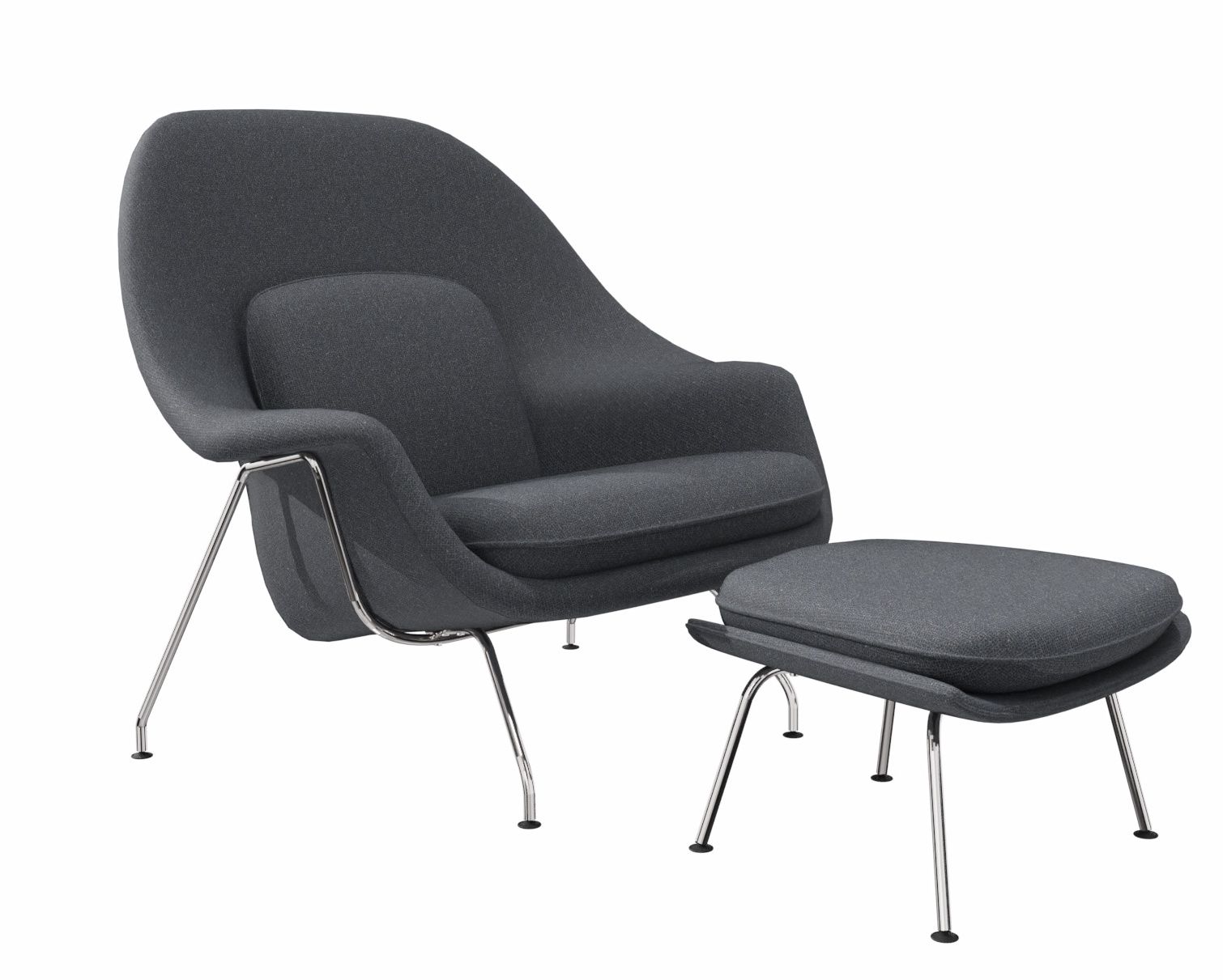 Grauer Womb Sessel mit Hocker von Knoll International, moderner Lounge Sessel mit Chromgestell.