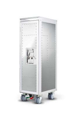Silberner Rivet Rocker Flugzeugtrolley mit Tür und Rollen, ideal als stylische Bordbar.