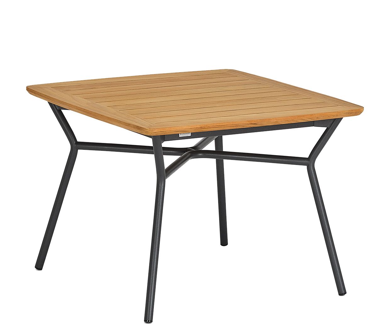 Quadratischer Denia Esstisch von Weishäupl aus Teakholz mit schwarzem Metallgestell für den Garten.