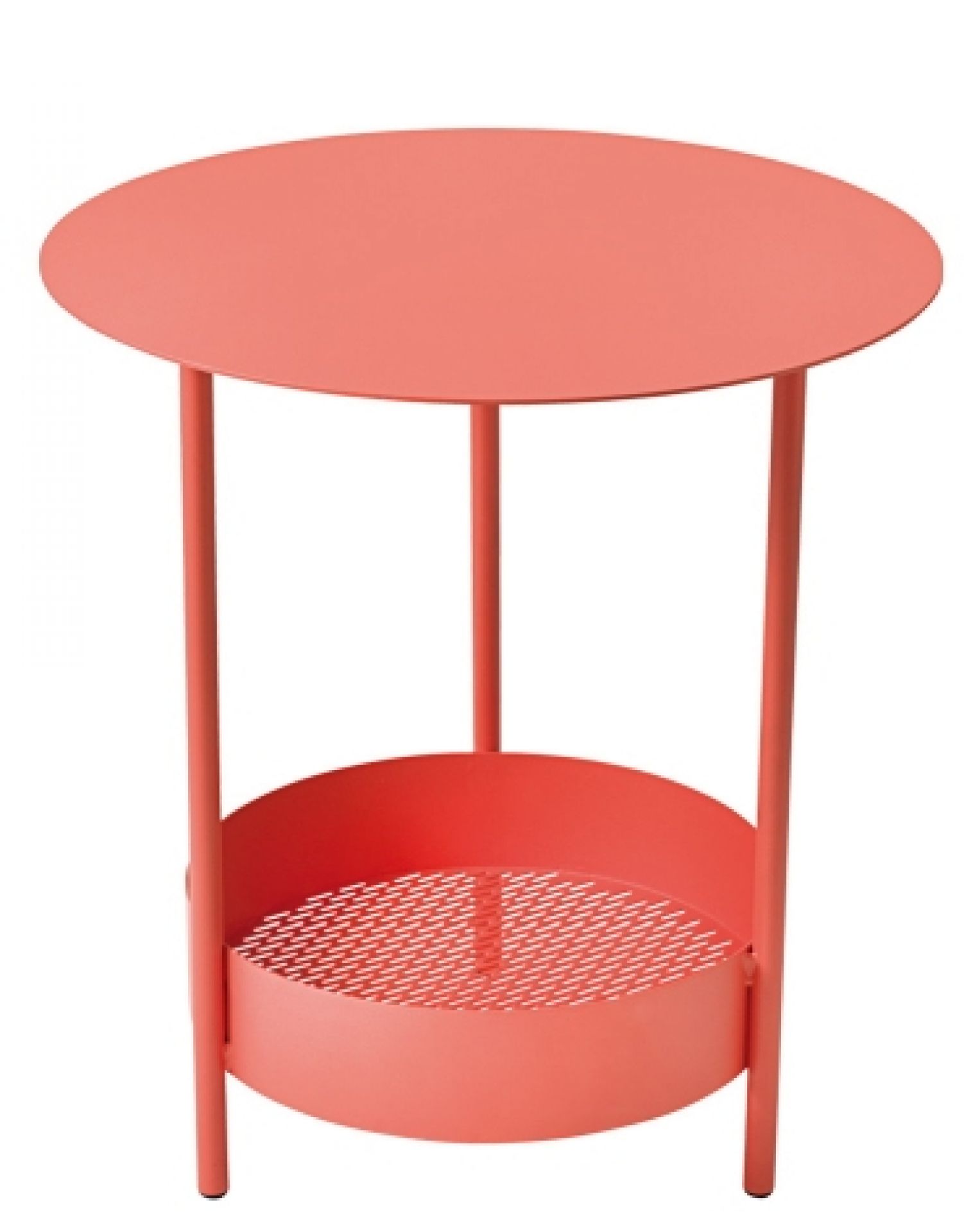 Korallfarbener Salsa Outdoor Beistelltisch von Fermob mit runder Tischplatte und Ablagefläche aus Metallgitter.