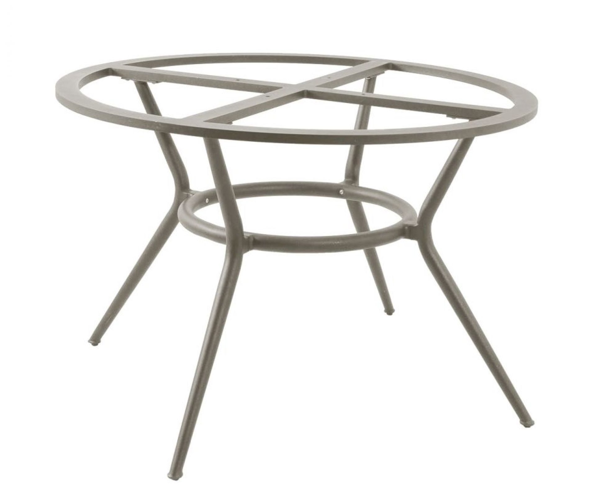 Joy Outdoor Esstisch: Taupefarbenes Gestell eines runden Gartentisches von Cane-Line. Fokus auf das Tischgestell.