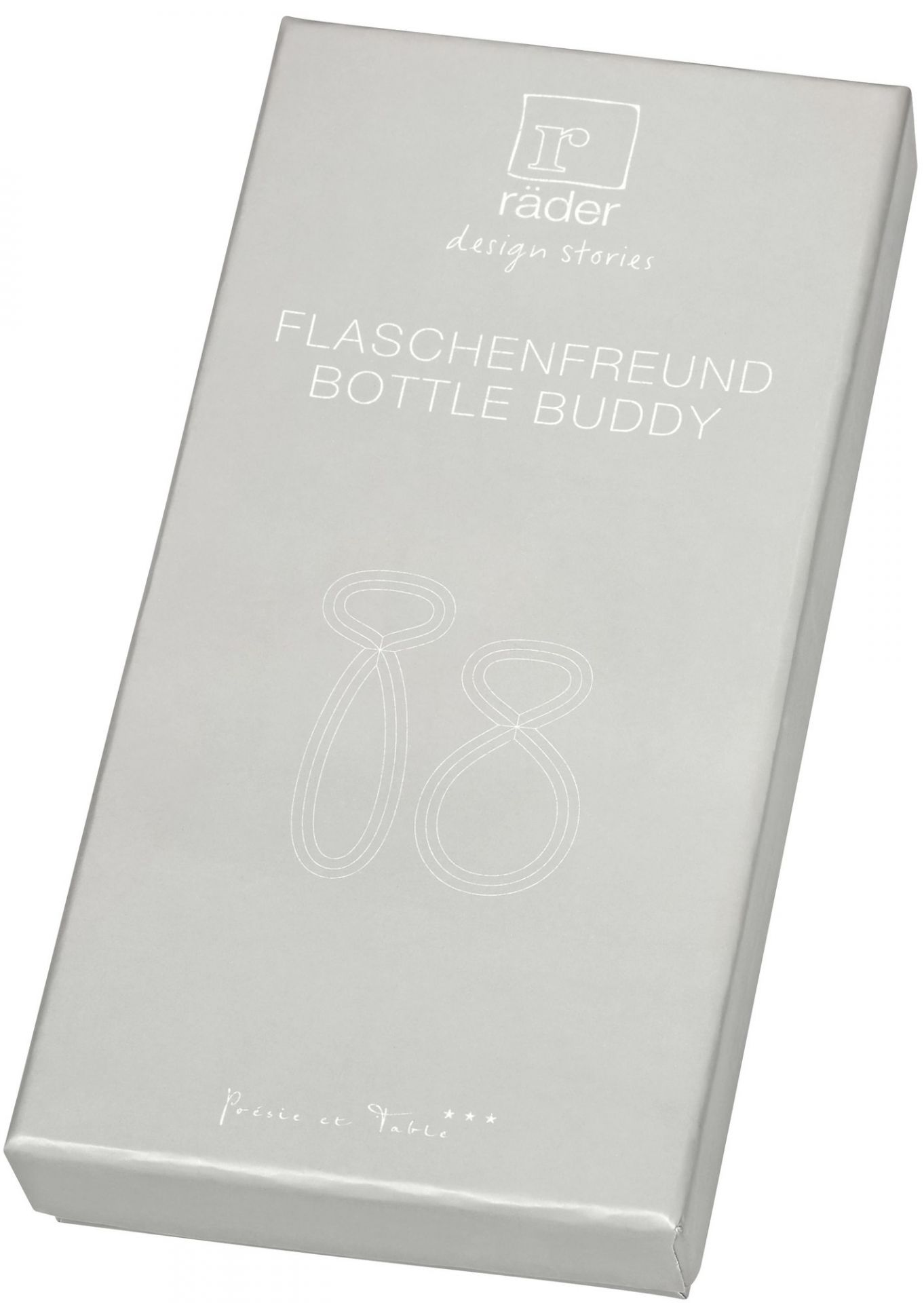 Verpackung des Räder Flaschenöffners "Flaschenfreund" in Silber, ein stilvolles Küchenaccessoire zum Öffnen von Flaschen.