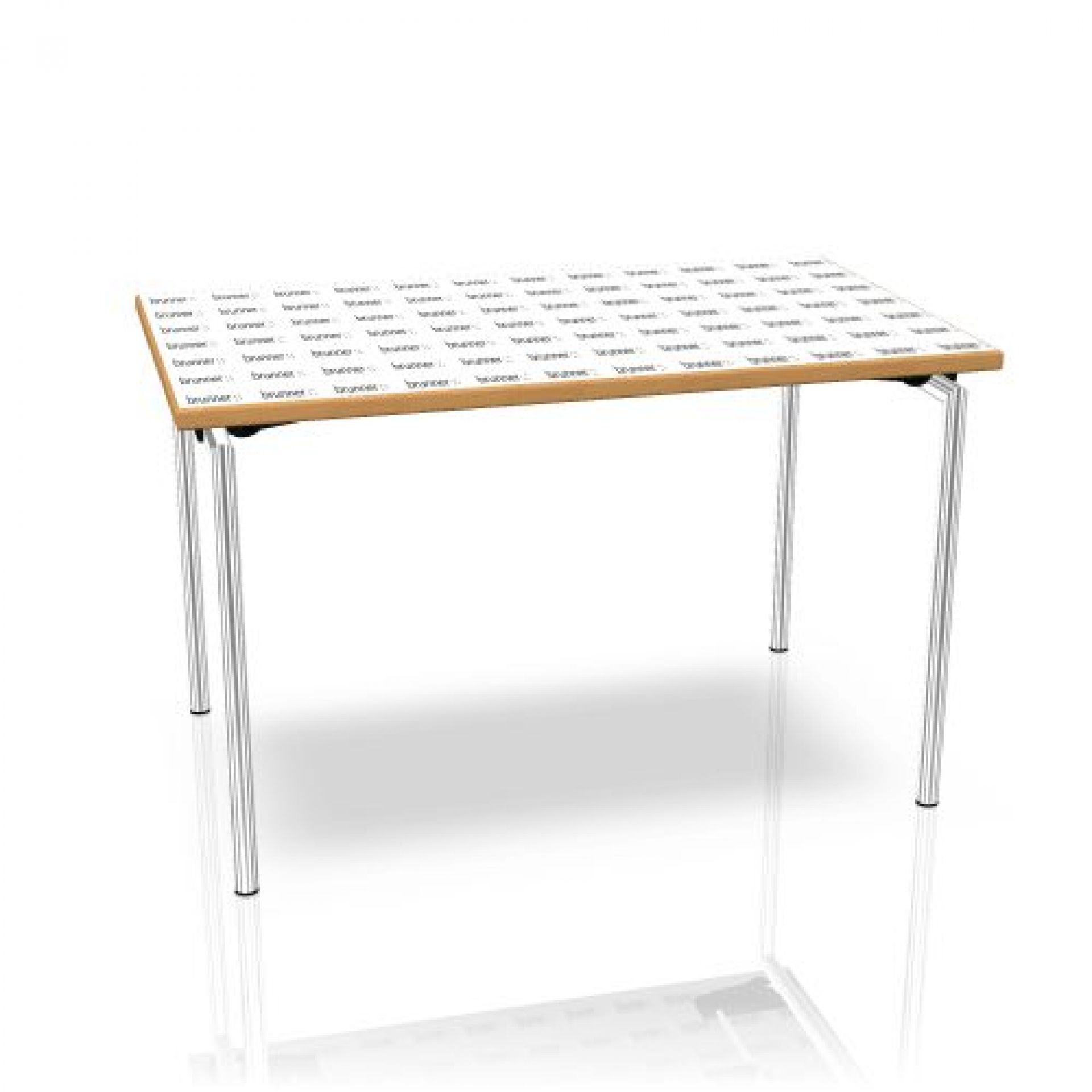 Rechteckiger Klapptisch "Trust" von Brunner mit Rundrohr-Gestell und bedruckter Tischplatte.