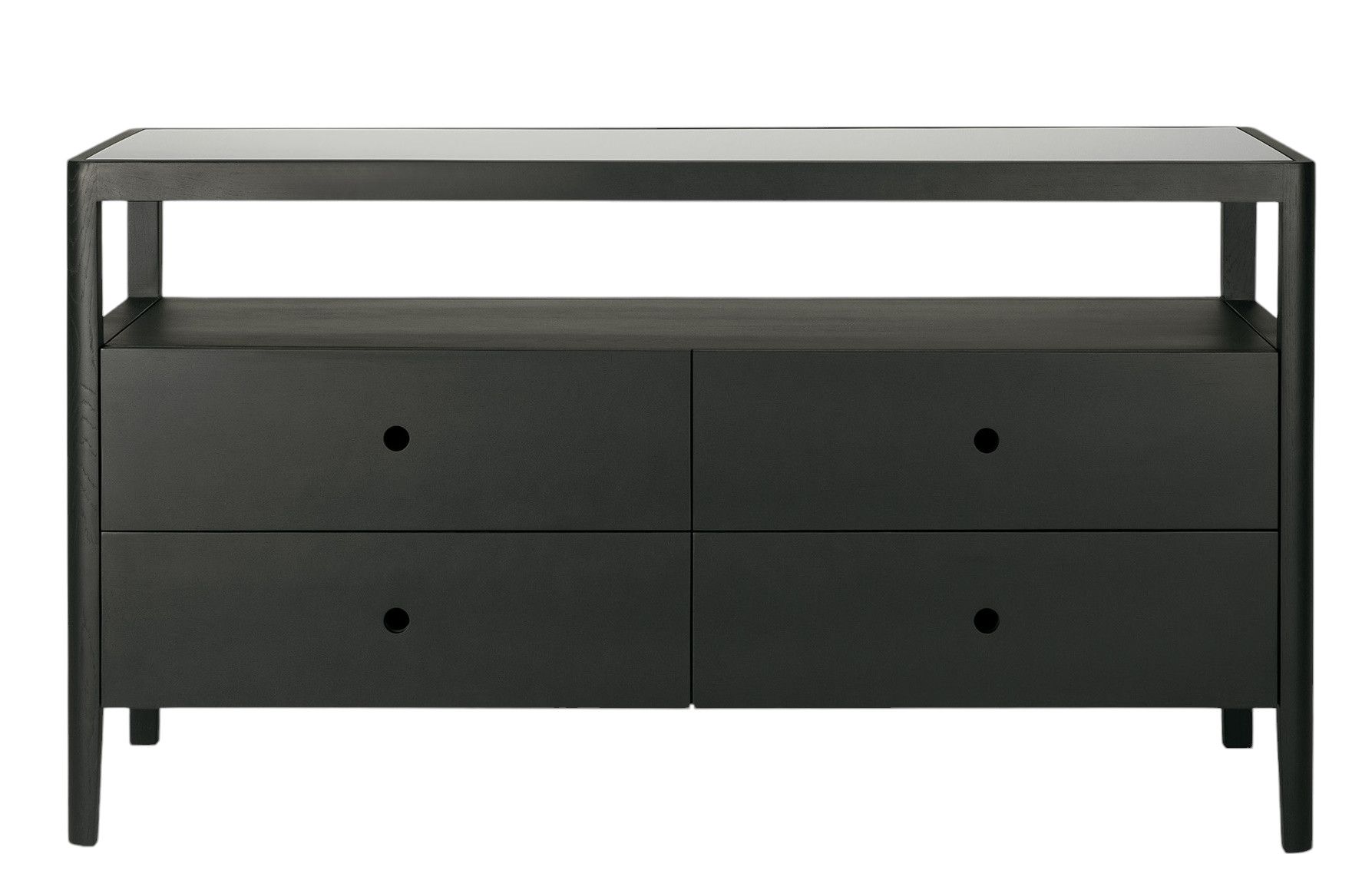 Ethnicraft Spindle Kommode: Schwarze Eiche Kommode mit vier Schubladen und minimalistischem Design.