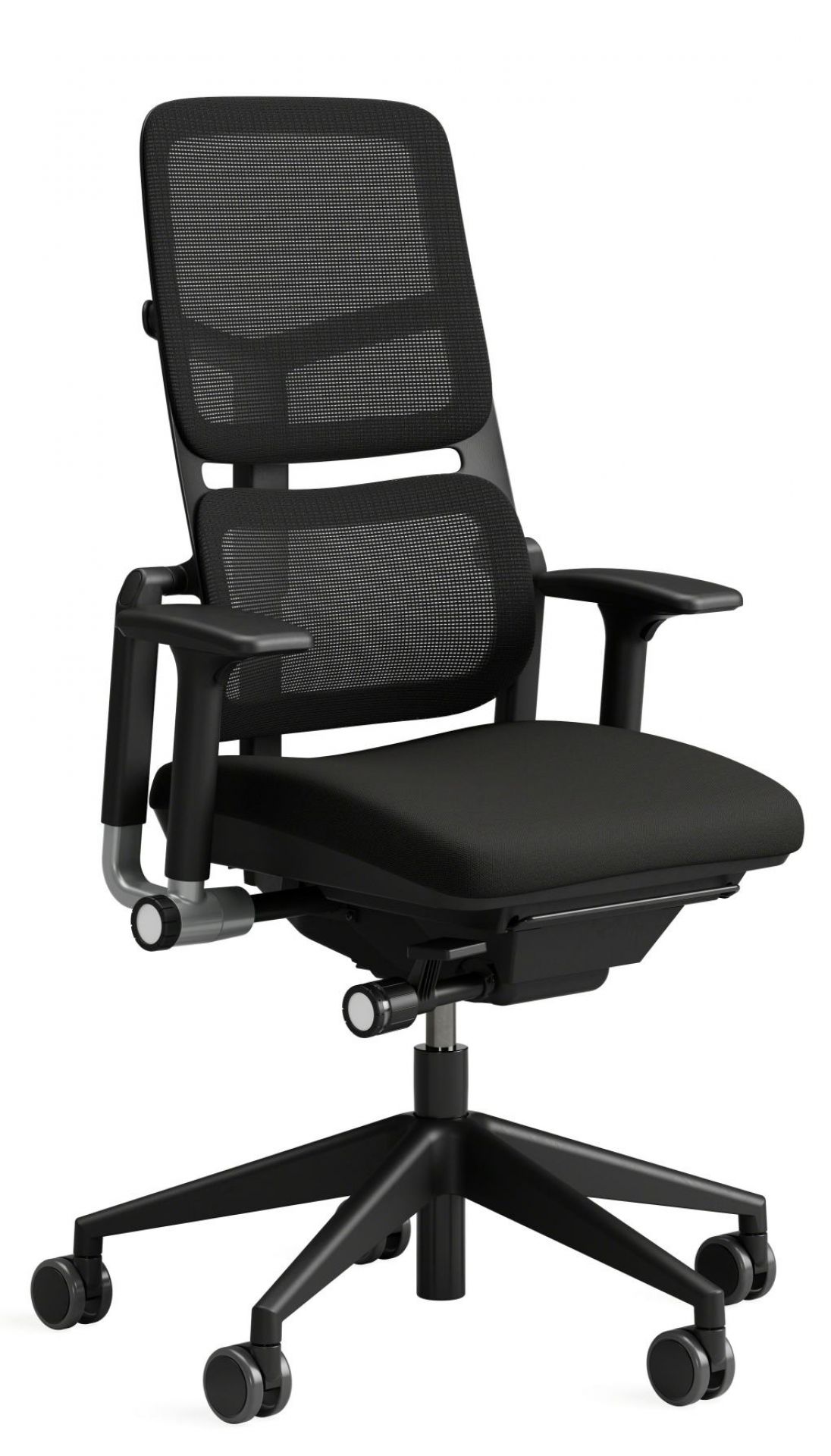 Schwarzer Steelcase Please Air Bürostuhl mit Netzrücken und verstellbaren Armlehnen für ergonomisches Sitzen.