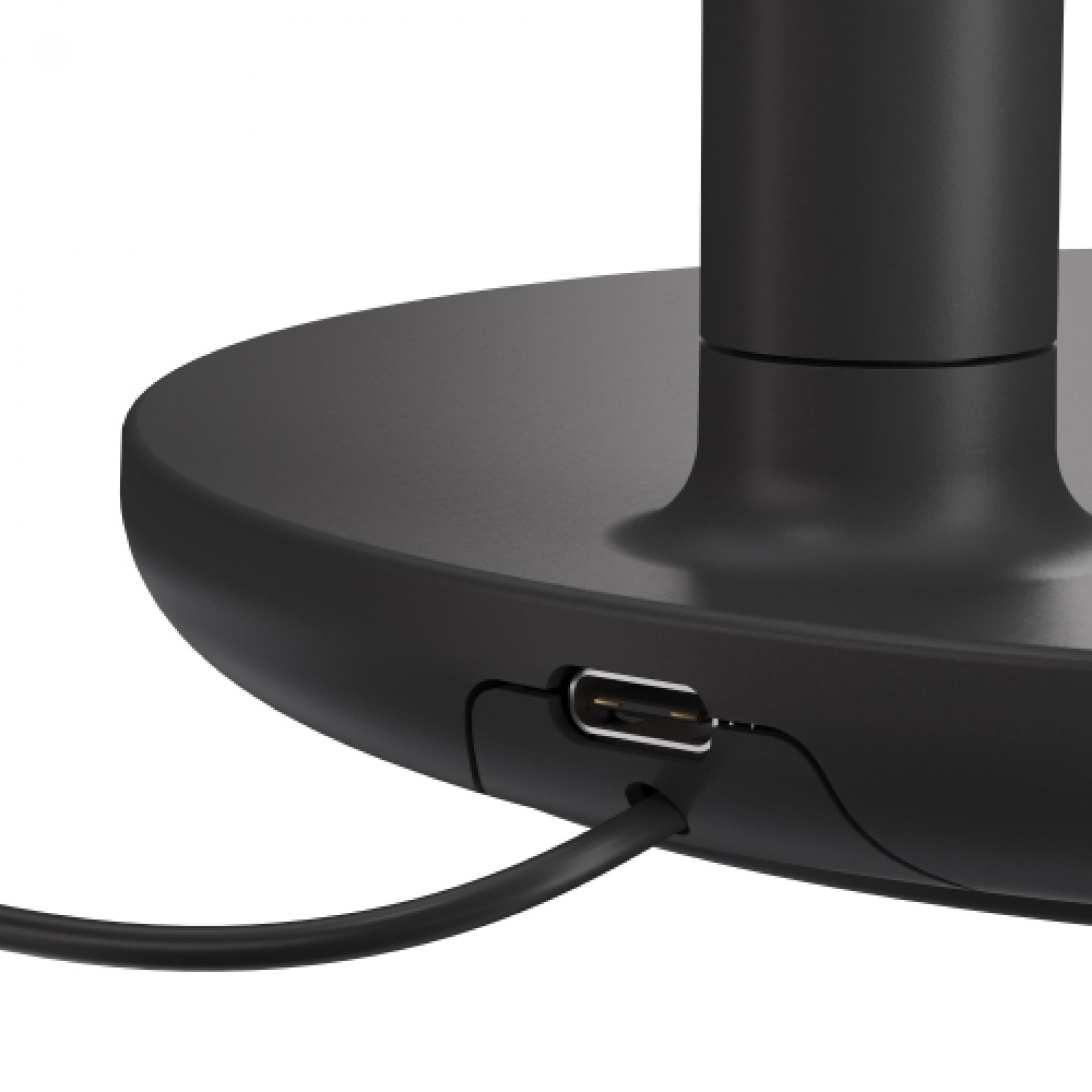 Detailaufnahme der Flos Oblique Qi Tischleuchte in Hellgrau, USB-Anschluss und Kabel sichtbar.