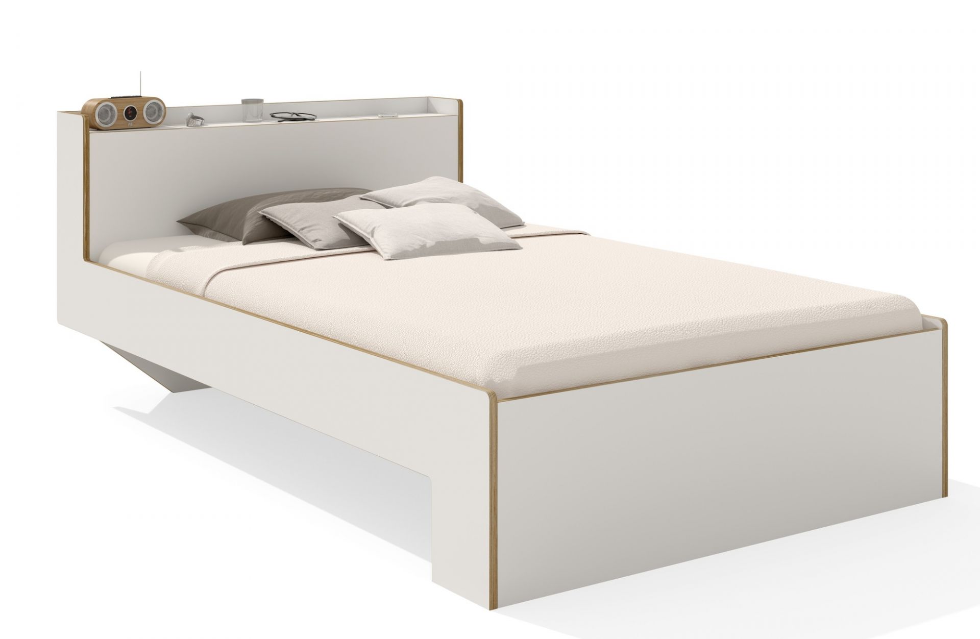 Nook Einzelbett von Müller Möbelwerkstätten in Weiß mit Ablagefläche am Kopfteil.