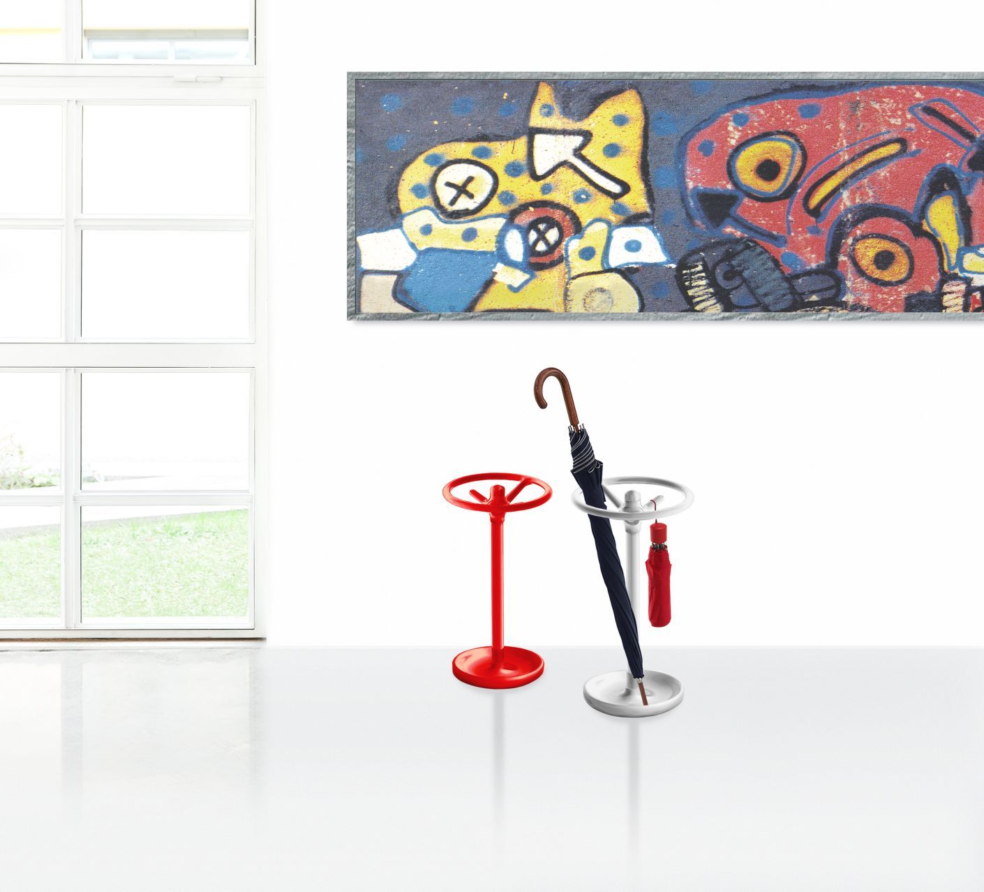 Bip Schirmständer von Rexite, rot und weiß, mit Regenschirm und Mini-Regenschirm. Design Schirmständer für Flur und Eingangsbereich.