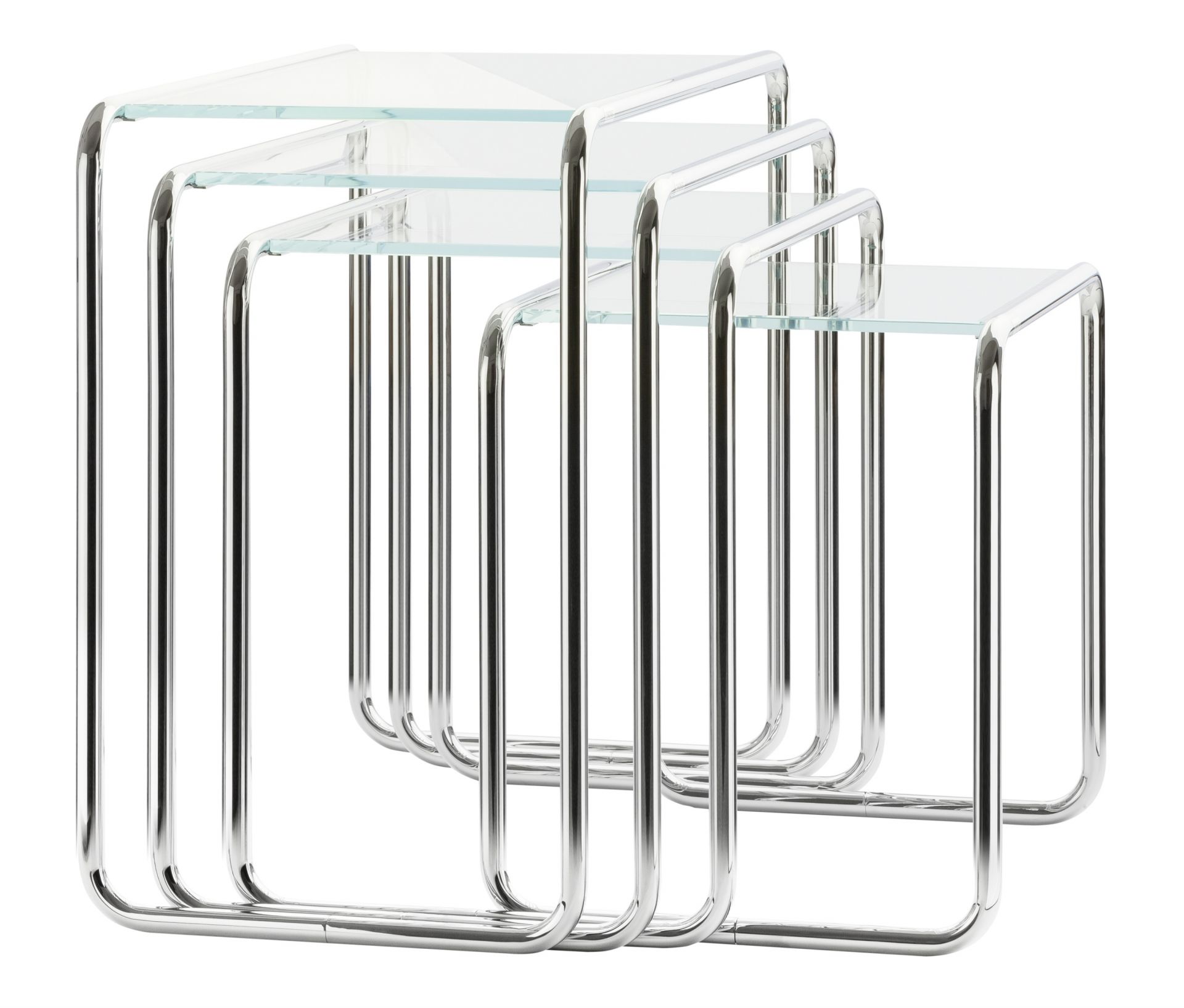Set B9 Thonet Beistelltische: Drei ineinander geschobene, verchromte Stahlrohr-Tische mit Glasplatten. Bauhaus Design Klassiker.