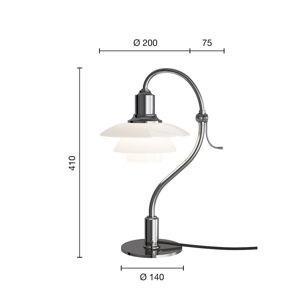PH 2/2 Question Mark Tischleuchte in Chrom mit Opalglas-Schirmen und Maßen.