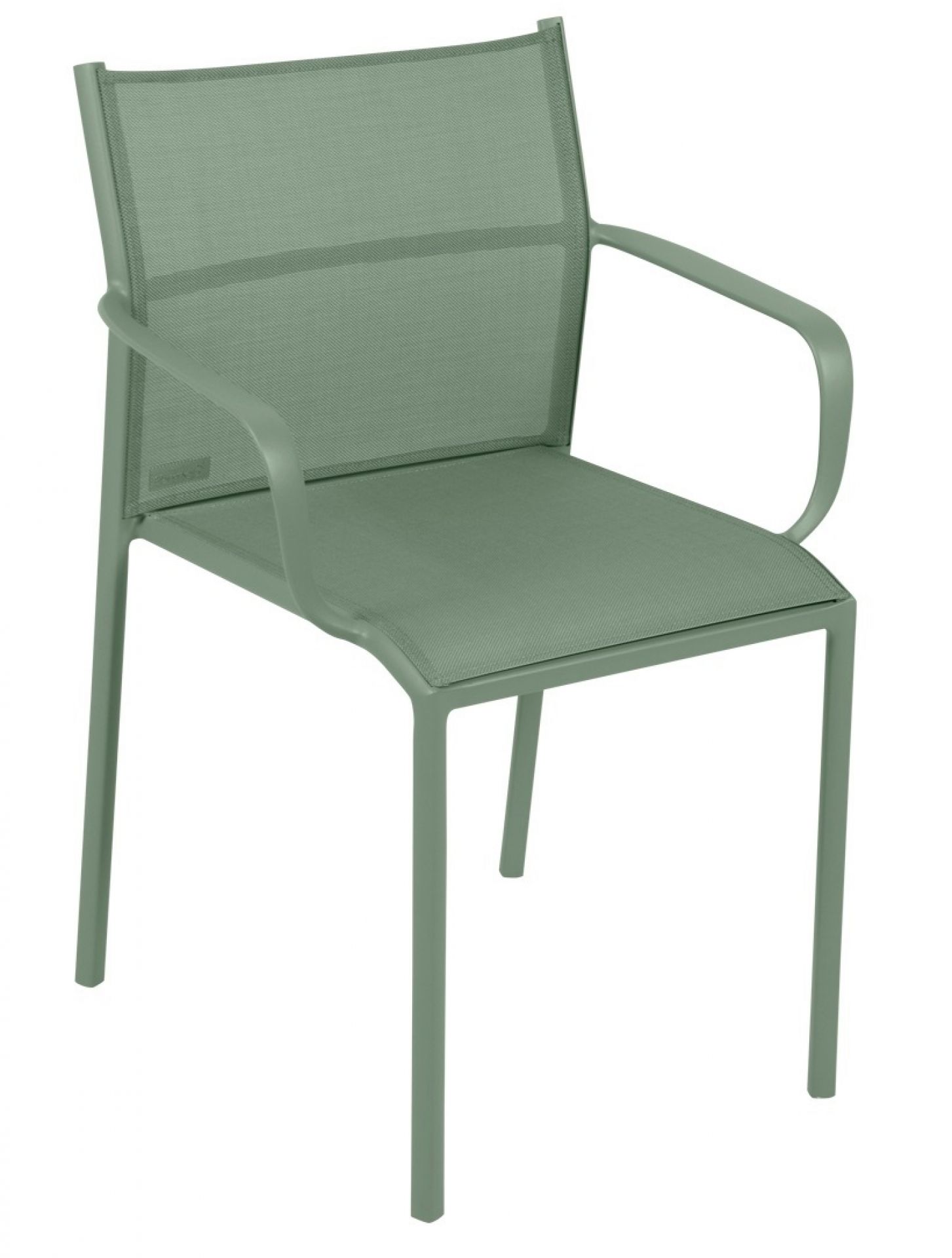 Cadiz Stuhl von Fermob, ein grüner Outdoor-Stuhl mit Armlehnen und Textilbespannung.