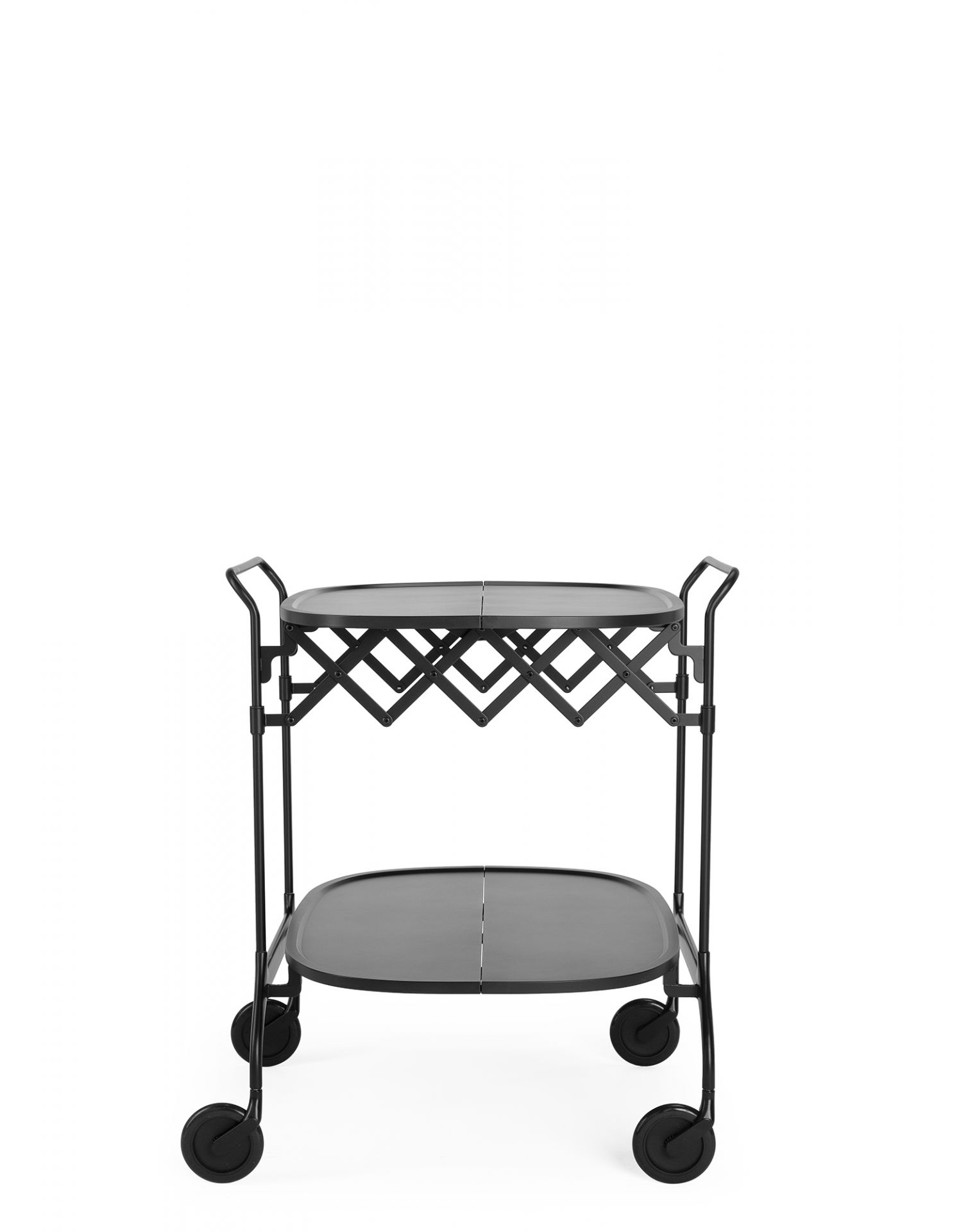 Gastone Servierwagen von Kartell in mattem Schwarz mit zwei Ablageflächen und Rollen.