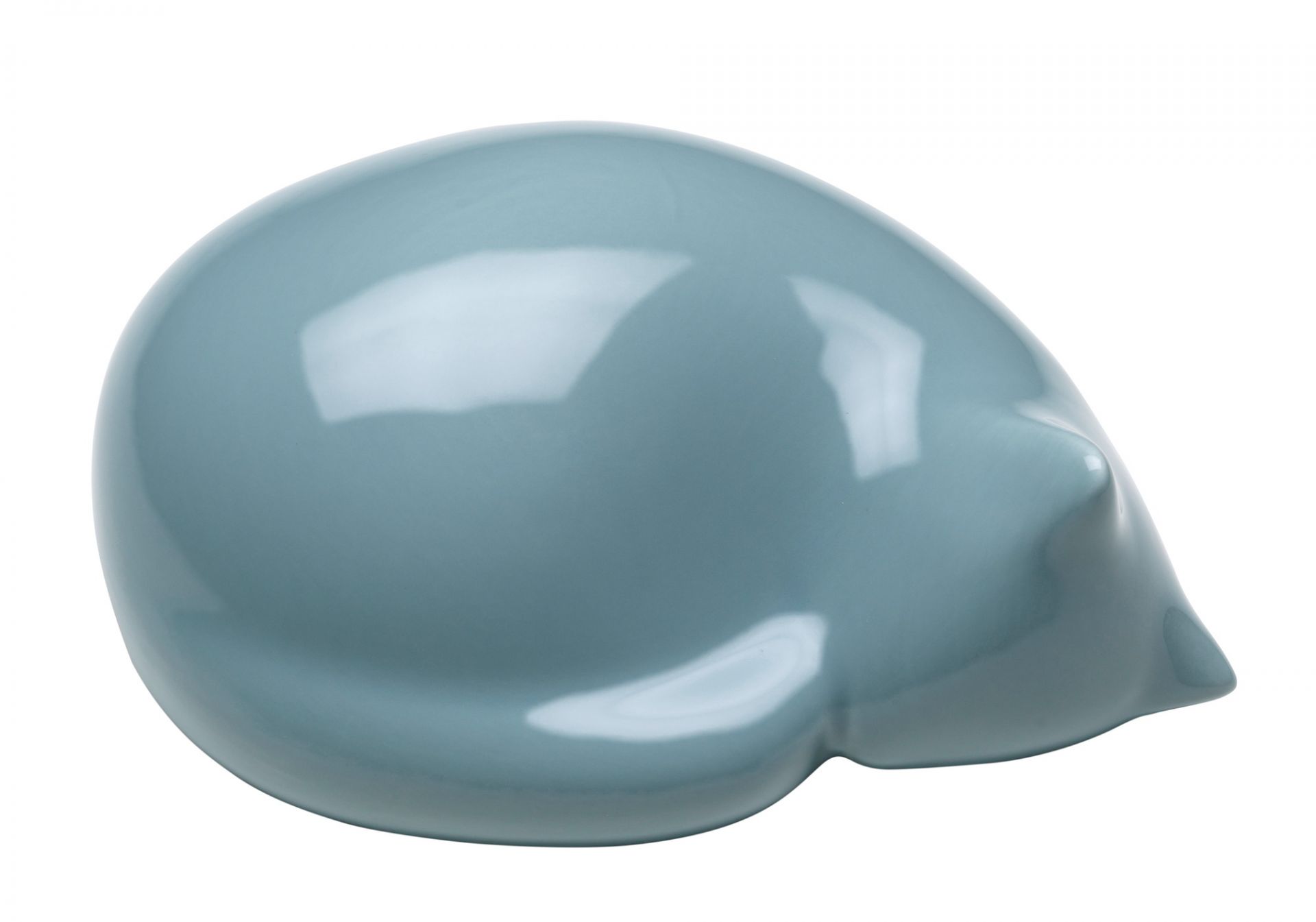 Hellblaue, kleine "Resting Cat" Figur von Vitra, schlafende Katze als Deko-Objekt.