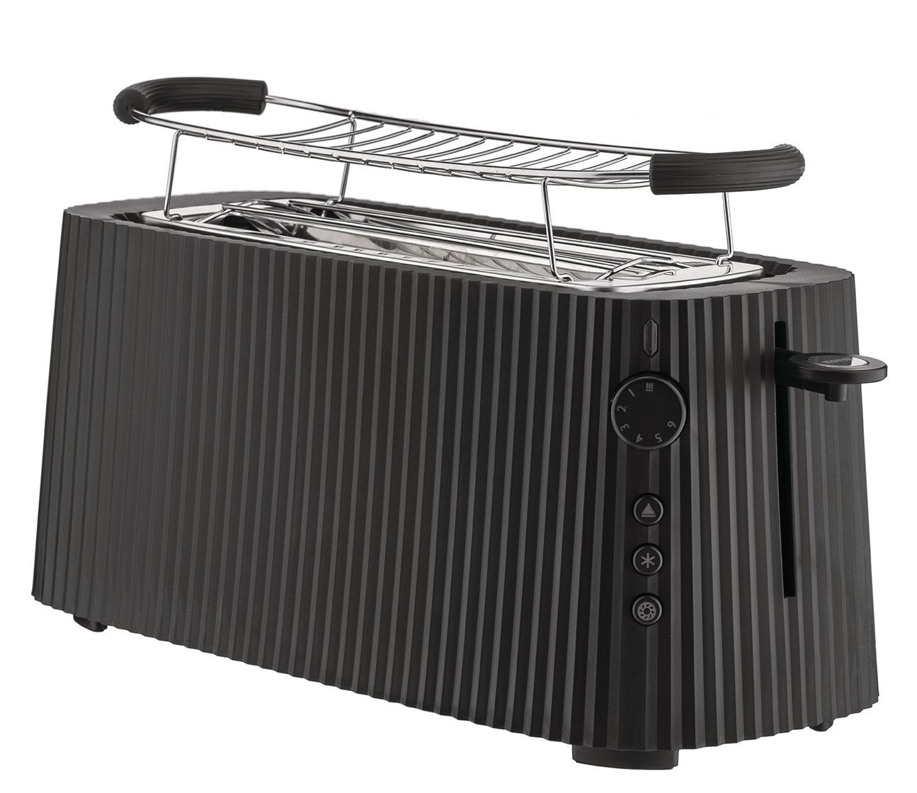Schwarzer Alessi Plissé Toaster XXL mit Brötchenaufsatz aus Edelstahl für knusprige Toasts.