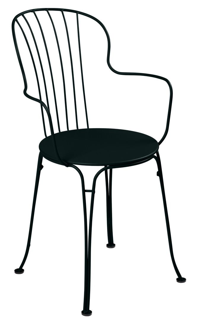 Schwarzer Opéra+ Stuhl von Fermob für den Außenbereich, Metallstuhl mit Armlehnen und runder Sitzfläche.