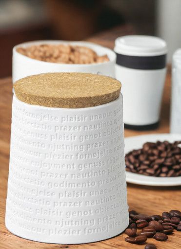Weiße Raumpoesie Vorratsdose mit Korkdeckel, beschriftet mit "Genuss", für Kaffee, Tee und Lebensmittel.