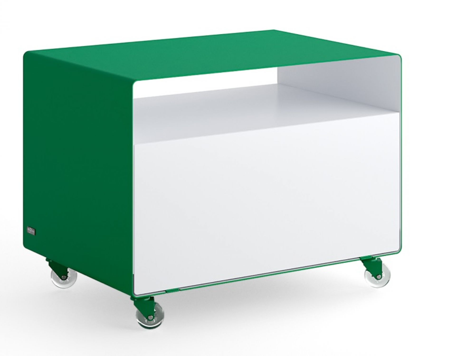 Grüner R 107N Rollwagen von Müller Möbelfabrikation mit weißer Klapptüre und Rollen. Moderner, mobiler Stauraum.