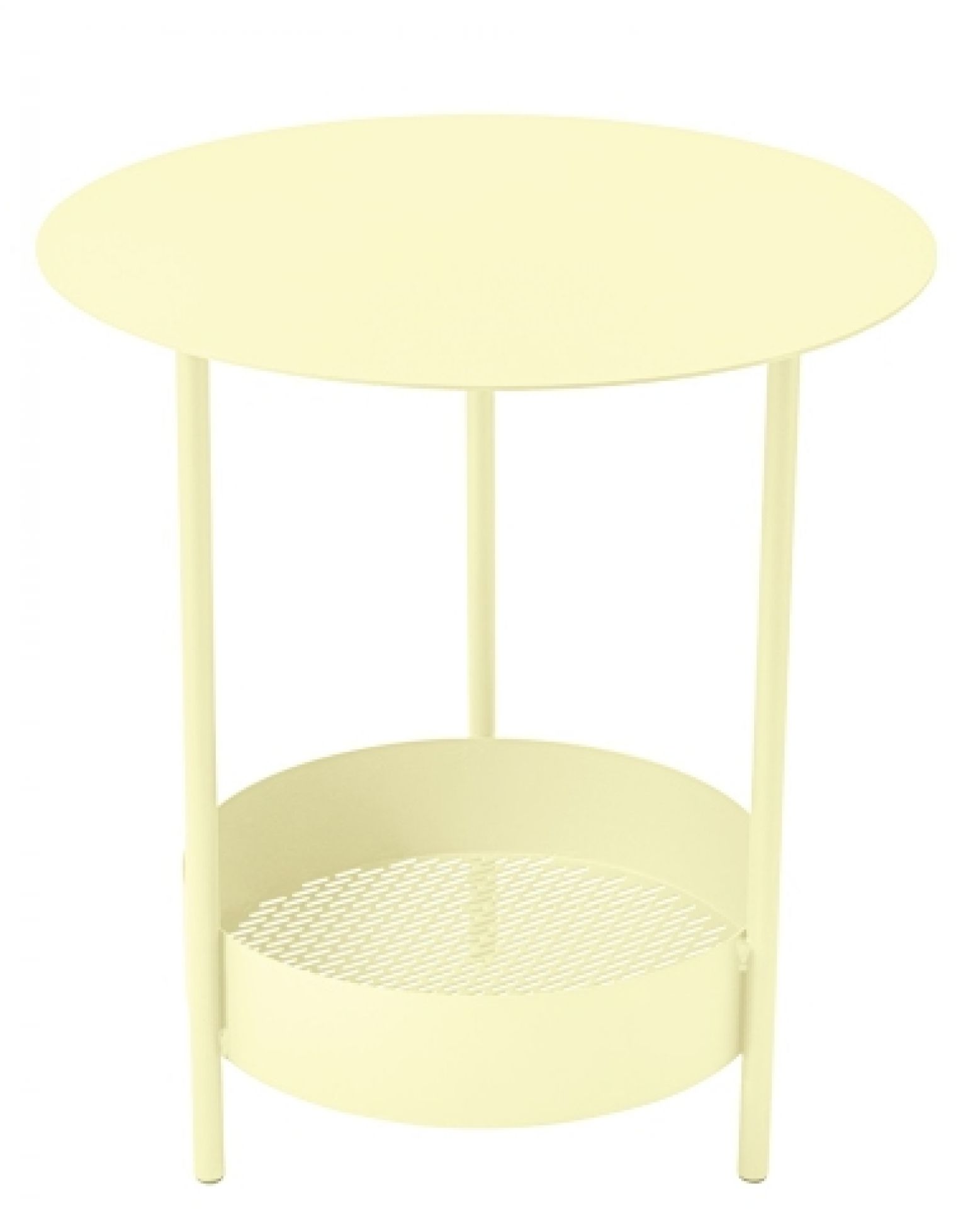 Gelber Fermob Salsa Beistelltisch für den Garten mit runder Tischplatte und Ablage.