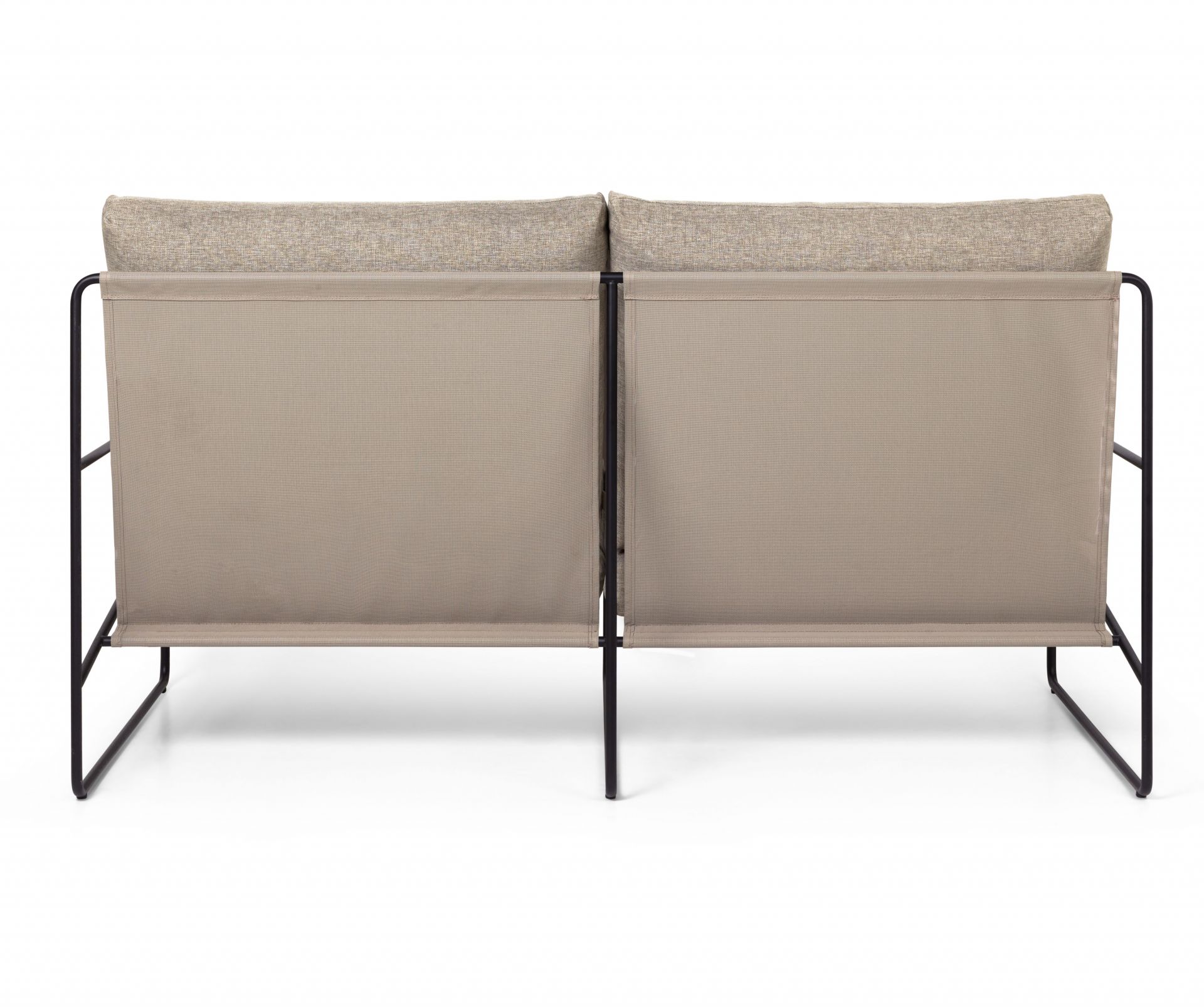 Rückansicht des Desert Outdoor Sofas von Ferm Living mit Cashmere-Textil und schwarzem Gestell.