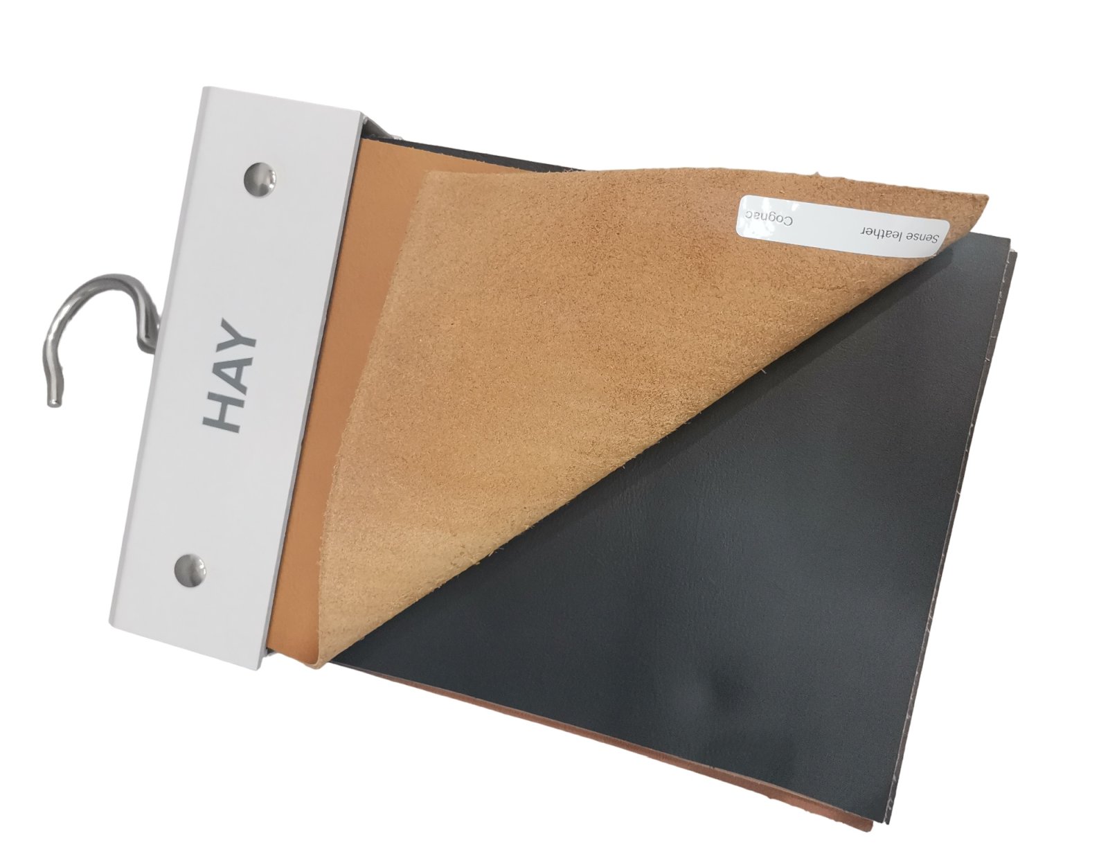 Ledermuster Nevada Hay: Nahaufnahme von Lederproben in Cognac und Schwarz auf einem Musterfächer.