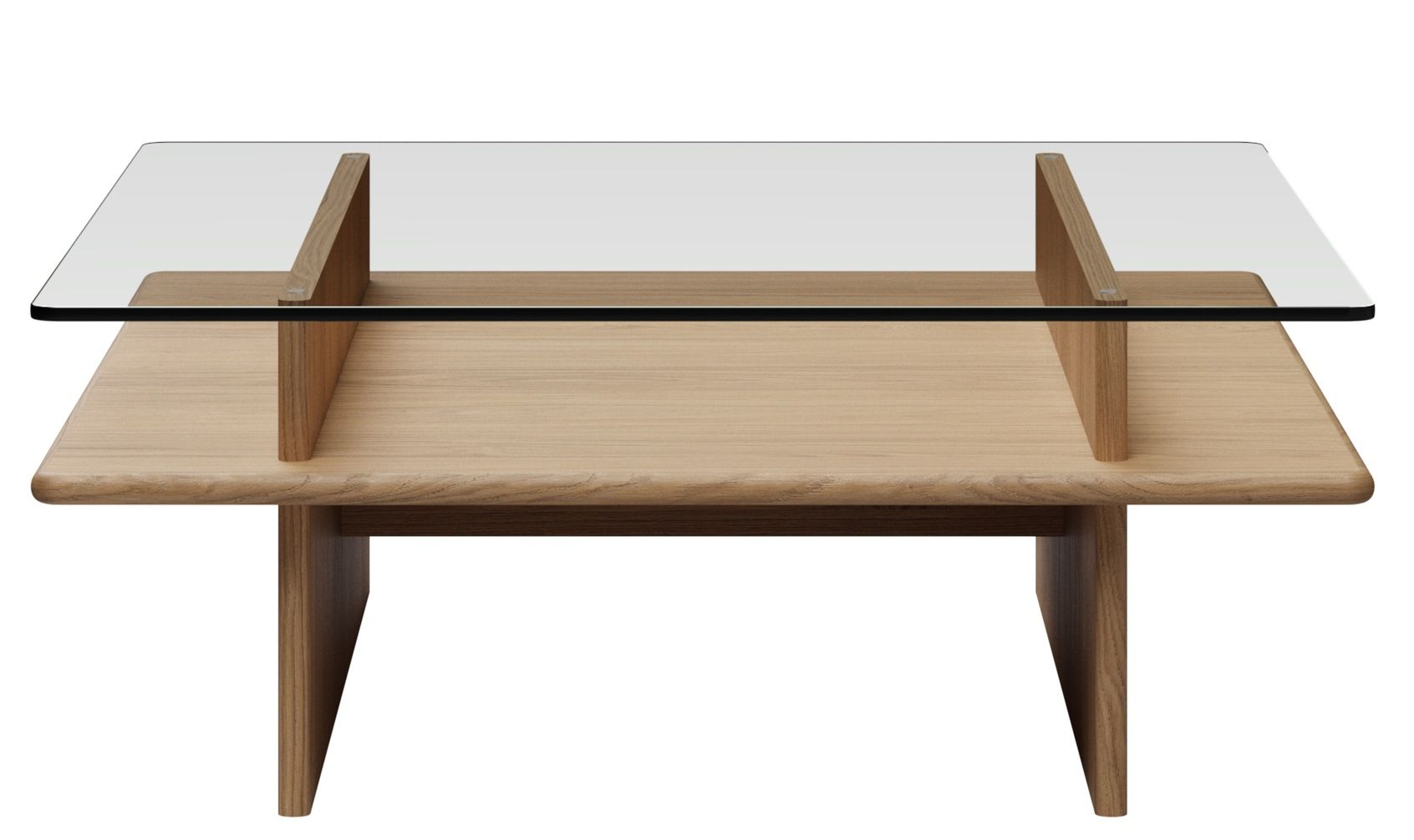 Woud Parallel Couchtisch 90x90 cm: Quadratischer Wohnzimmertisch aus hellem Holz mit Glasplatte.