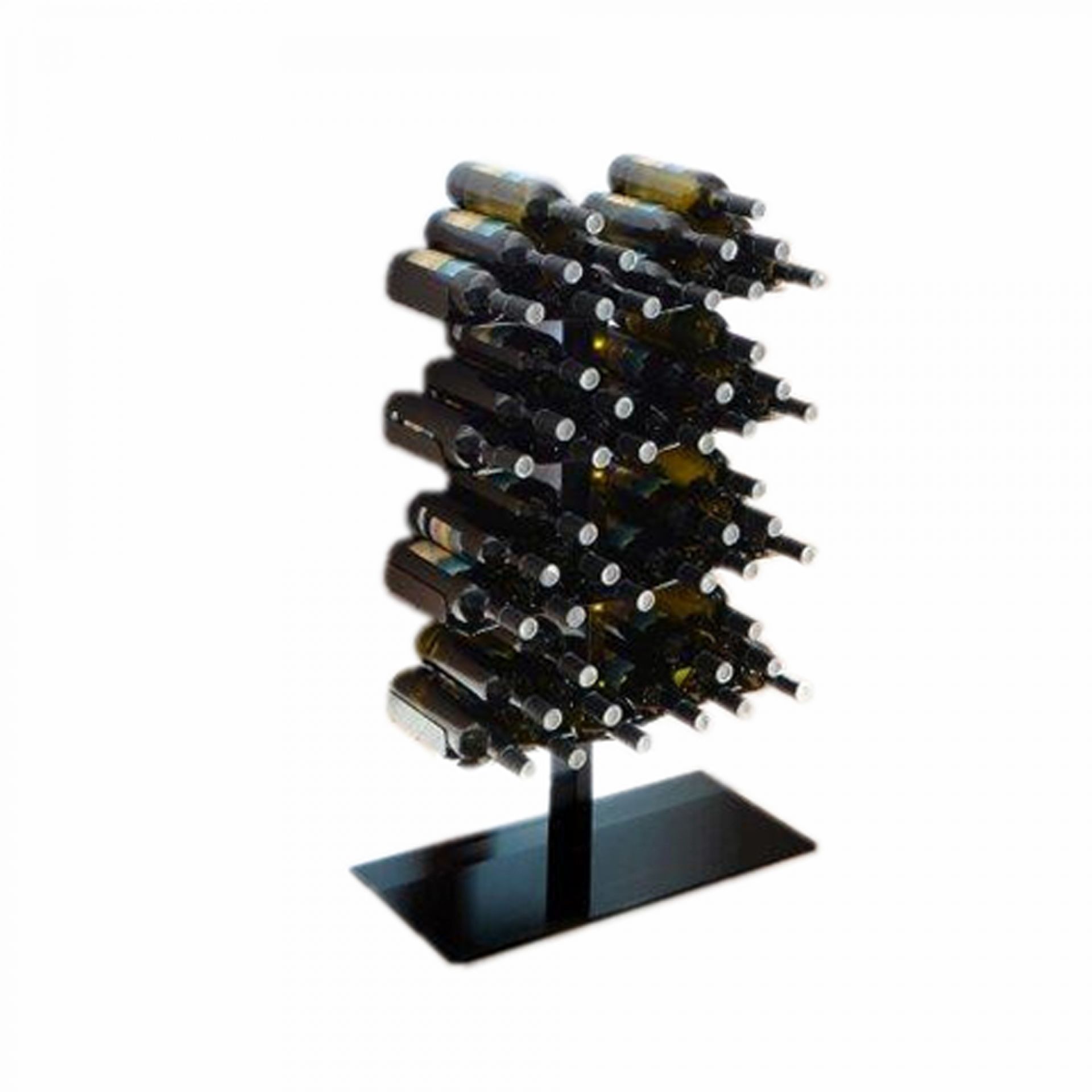 Wine Tree Weinregal Radius: Modernes, schwarzes Weinregal in Baumform, gefüllt mit Weinflaschen, für stilvolle Weinlagerung.