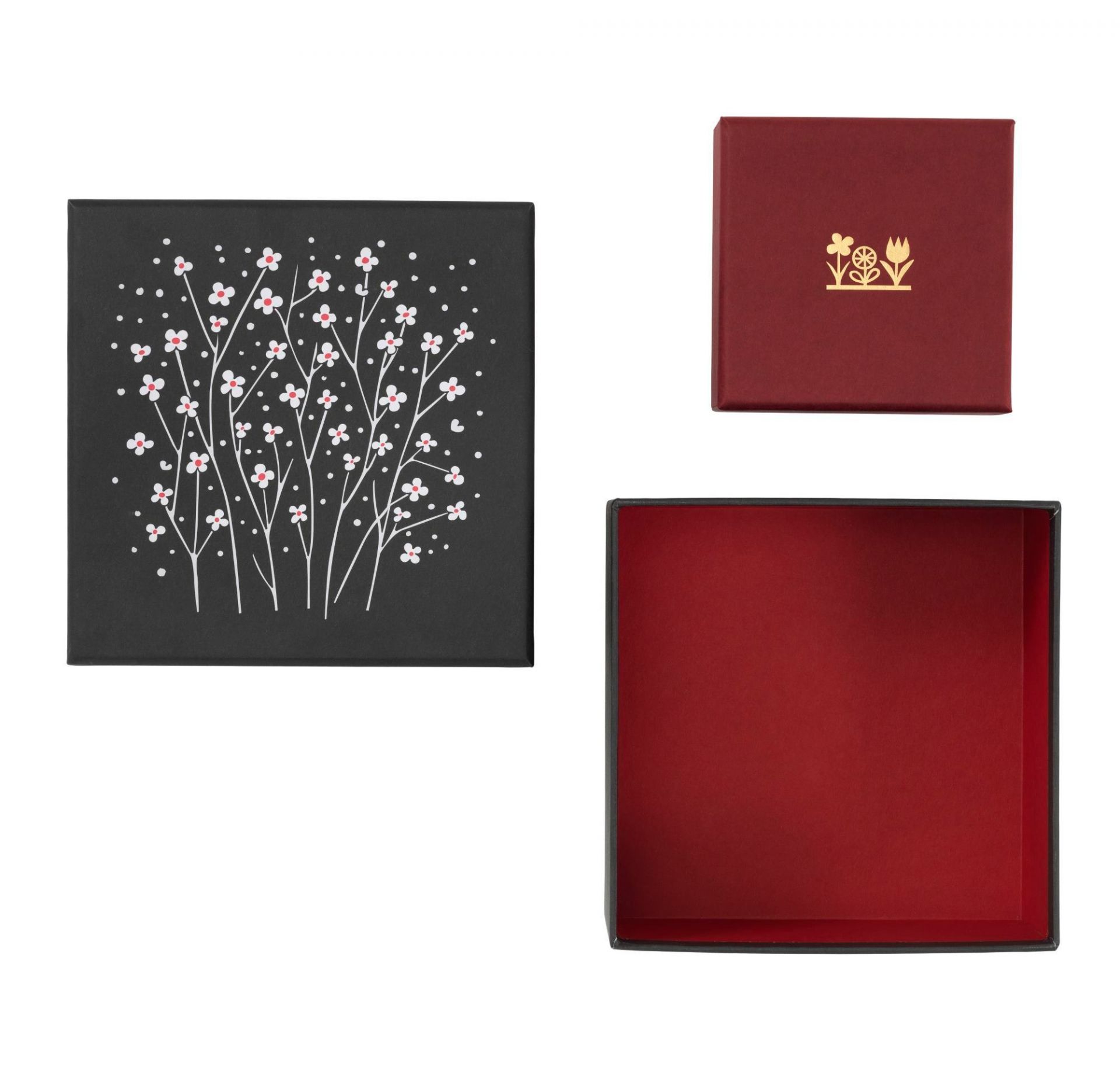 Vitra Graphic Boxes 2er-Set: Aufbewahrungsboxen mit floralem Muster und rotem Deckel, offene Box.