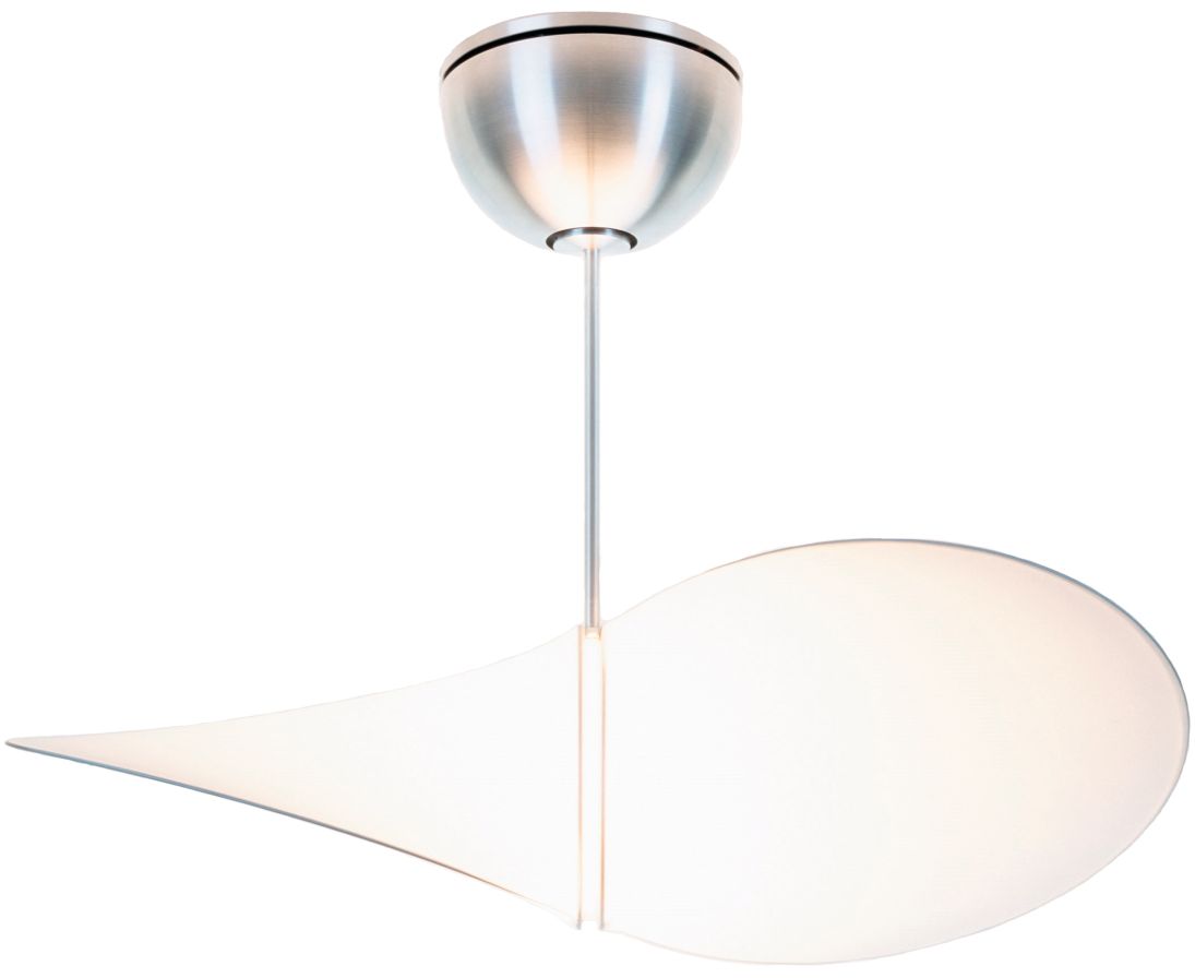 Serien Lighting Propeller Deckenleuchte mit zwei weißen, asymmetrischen Flügeln und silberner Aufhängung.