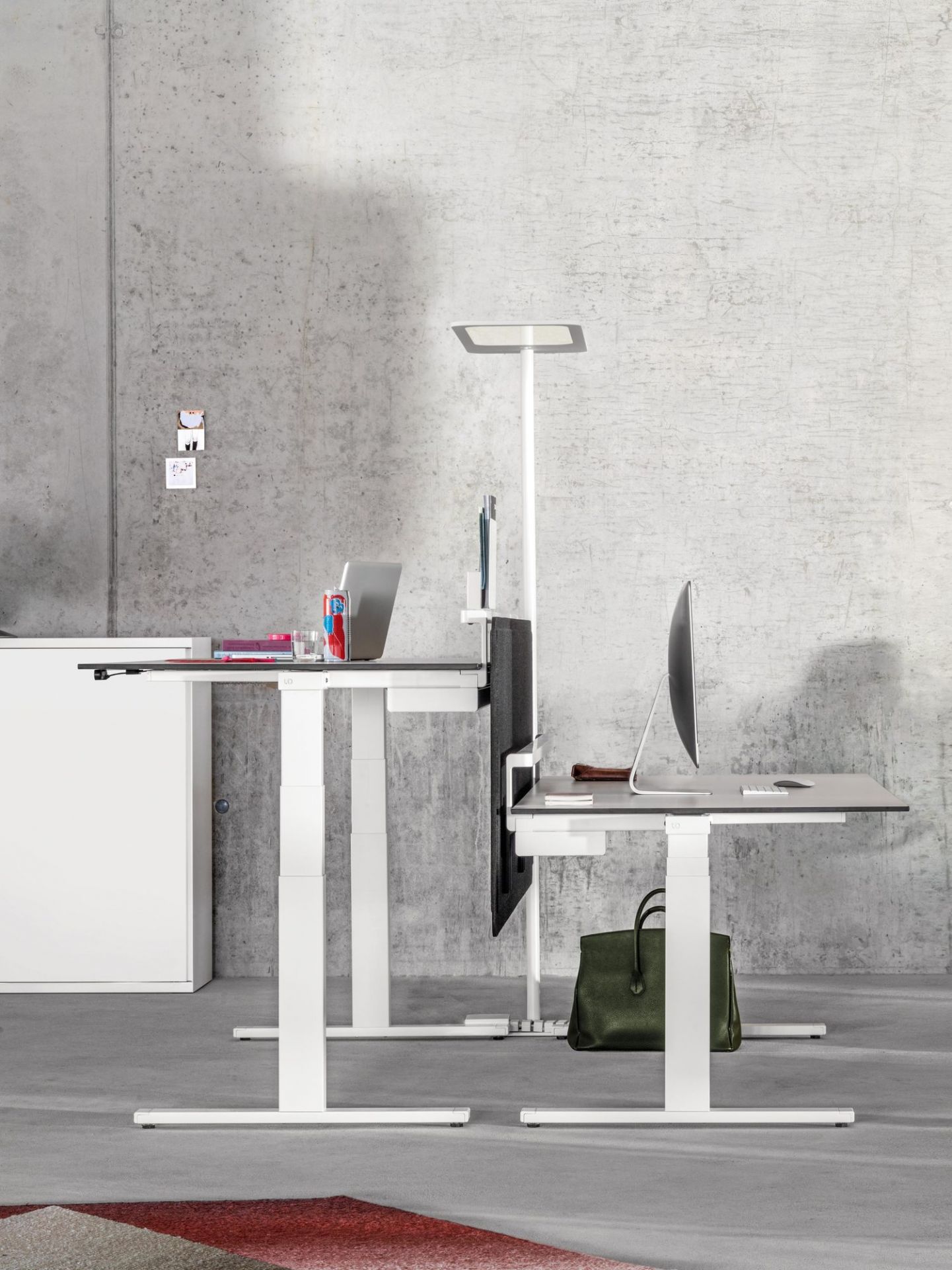 Moderne XT S One Stehleuchte in Grau neben höhenverstellbaren Schreibtischen in einem Büro.