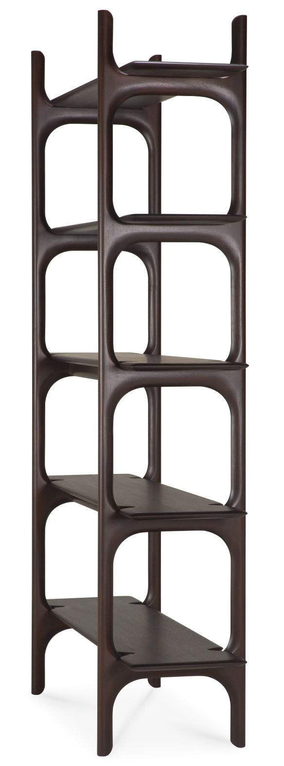 Ethnicraft PI Rack Regal aus dunklem Holz mit vier Ablageflächen für Wohnzimmer und Büro.