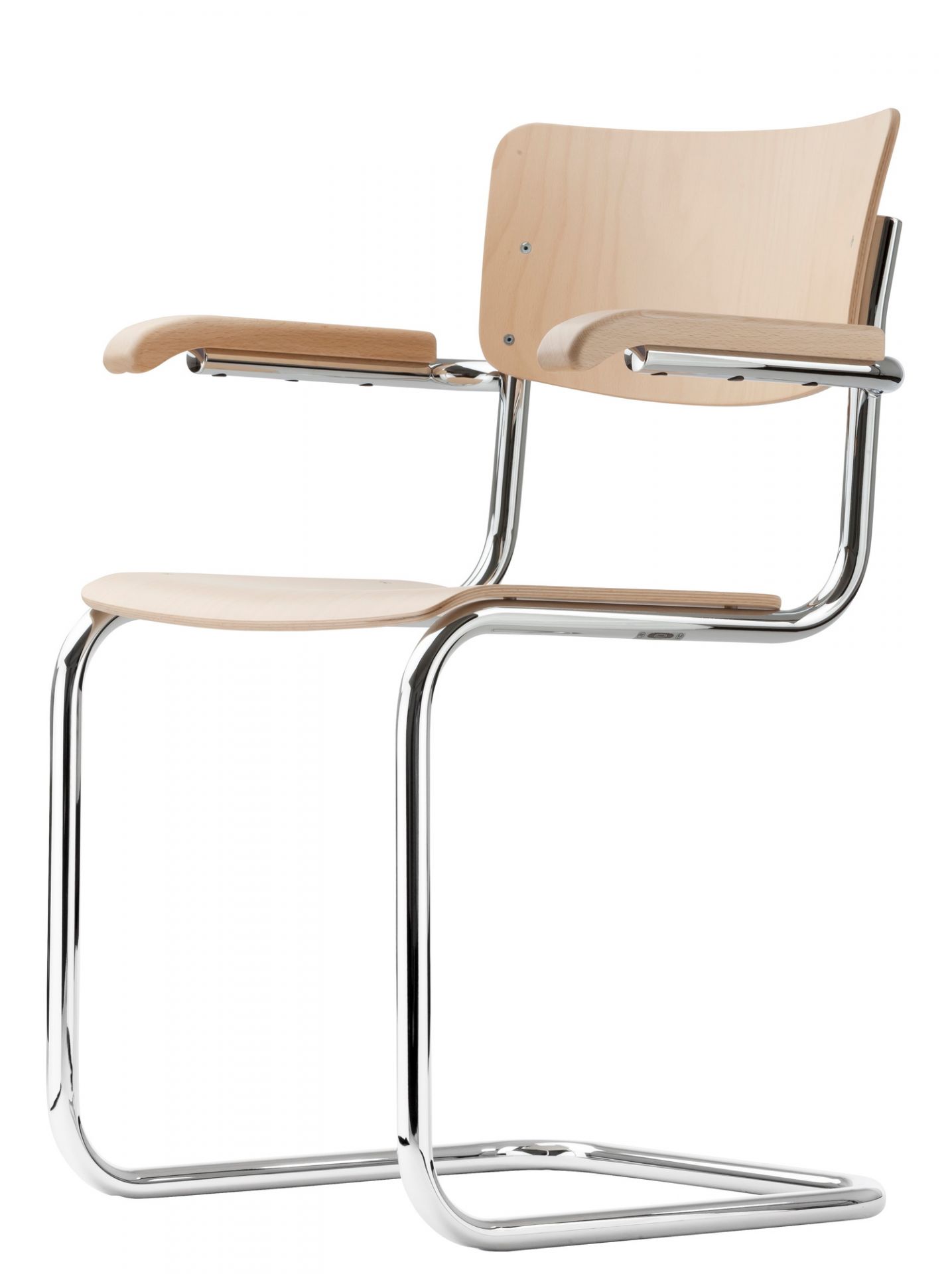S 43 Freischwinger Stuhl von Thonet: Klassischer Stahlrohrstuhl mit Holz Sitzfläche und Armlehnen.
