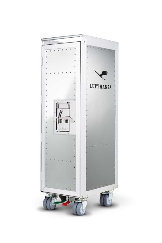 Silberner Lufthansa Flugzeugtrolley Bordbar mit Nieten und Rollen, ideal für Retro-Design und als Möbelstück.