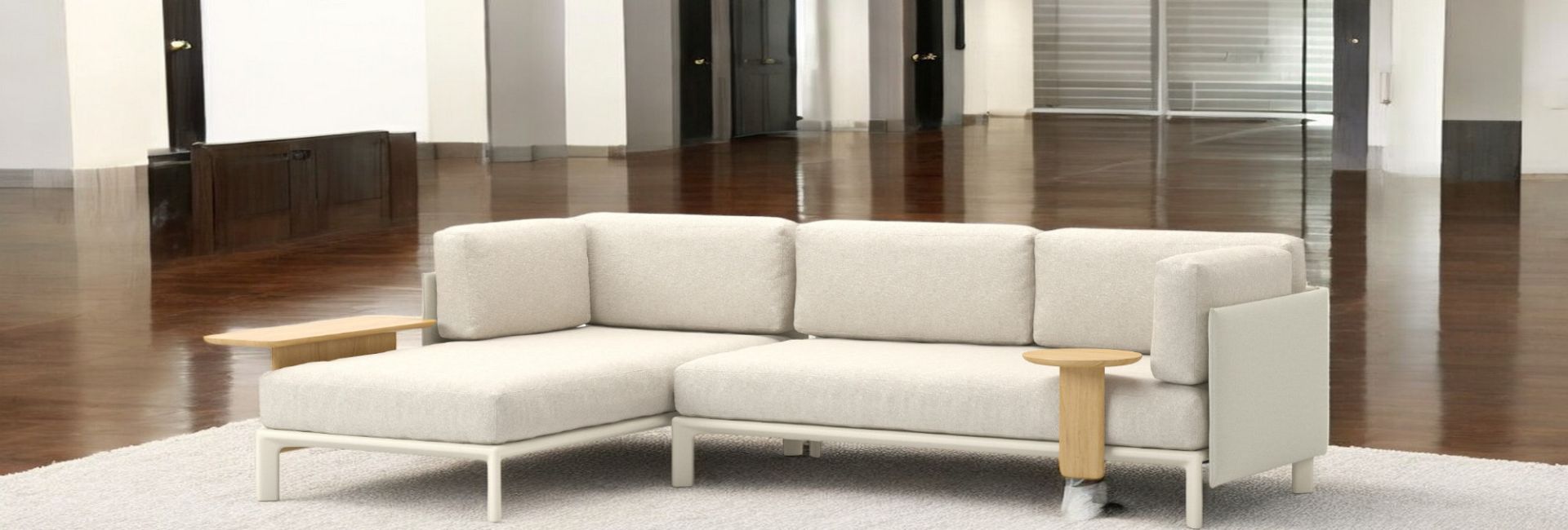 Anagram Chaise Longue Sofa von Vitra, helle Polsterung, Holzablage, modernes Design für Wohnzimmer.