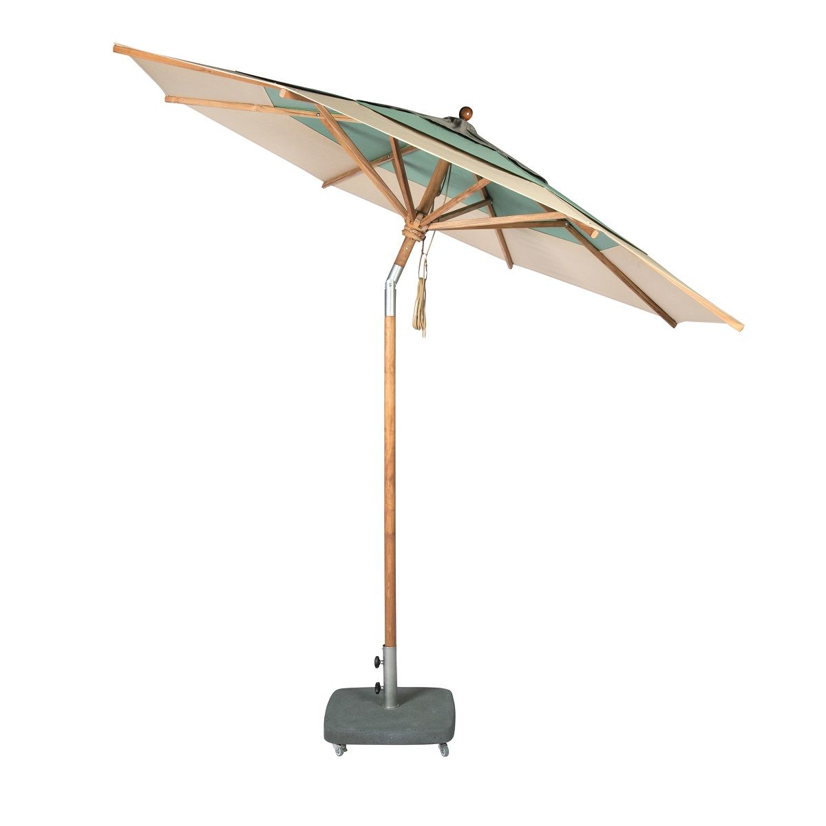 Weishäupl Teakschirm, Sonnenschirm mit Holzständer und grün-weißem Schirmdach für Garten und Terrasse.