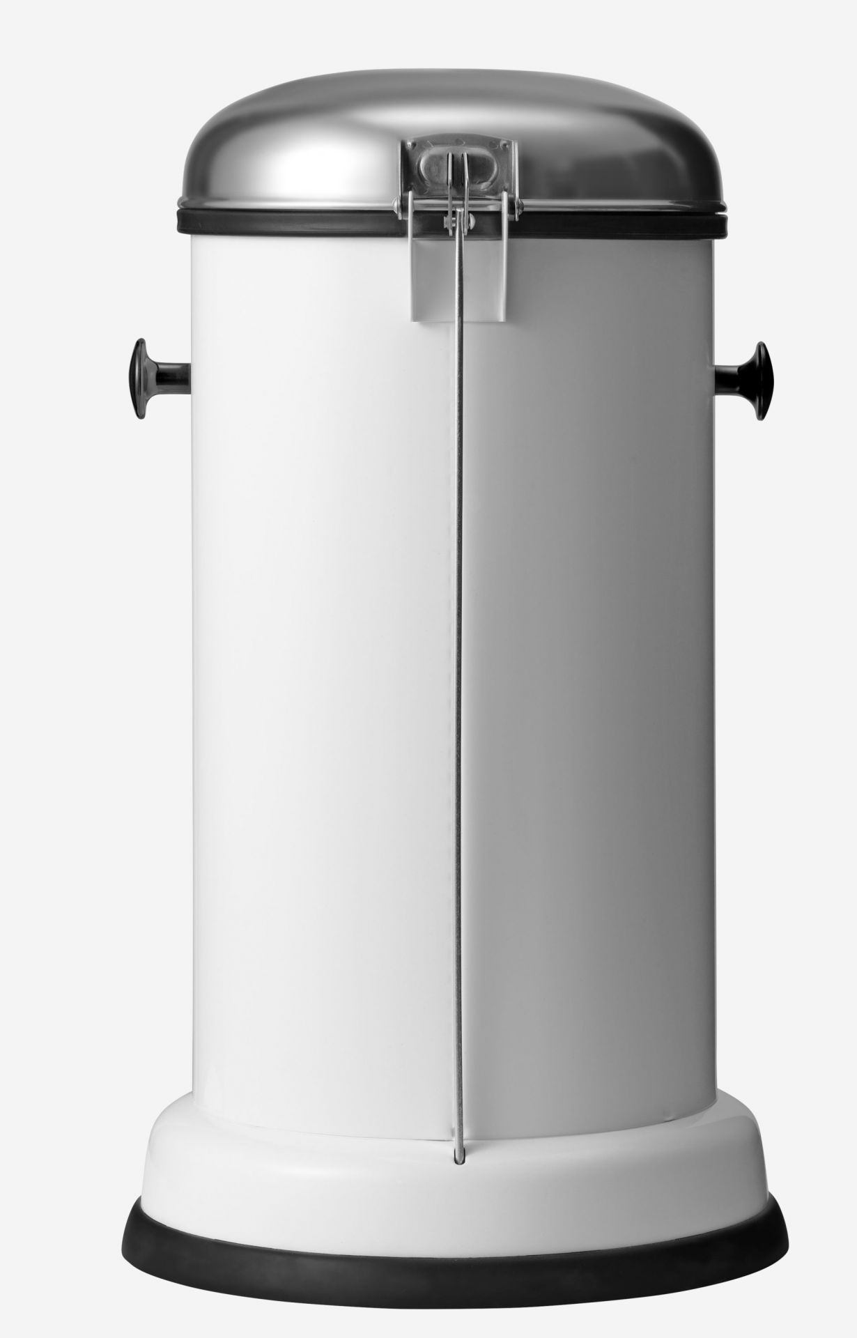 Weißer Vipp Treteimer mit Edelstahldeckel, Frontansicht für barrierefreies und hygienisches Abfallmanagement im Badezimmer oder Küche.