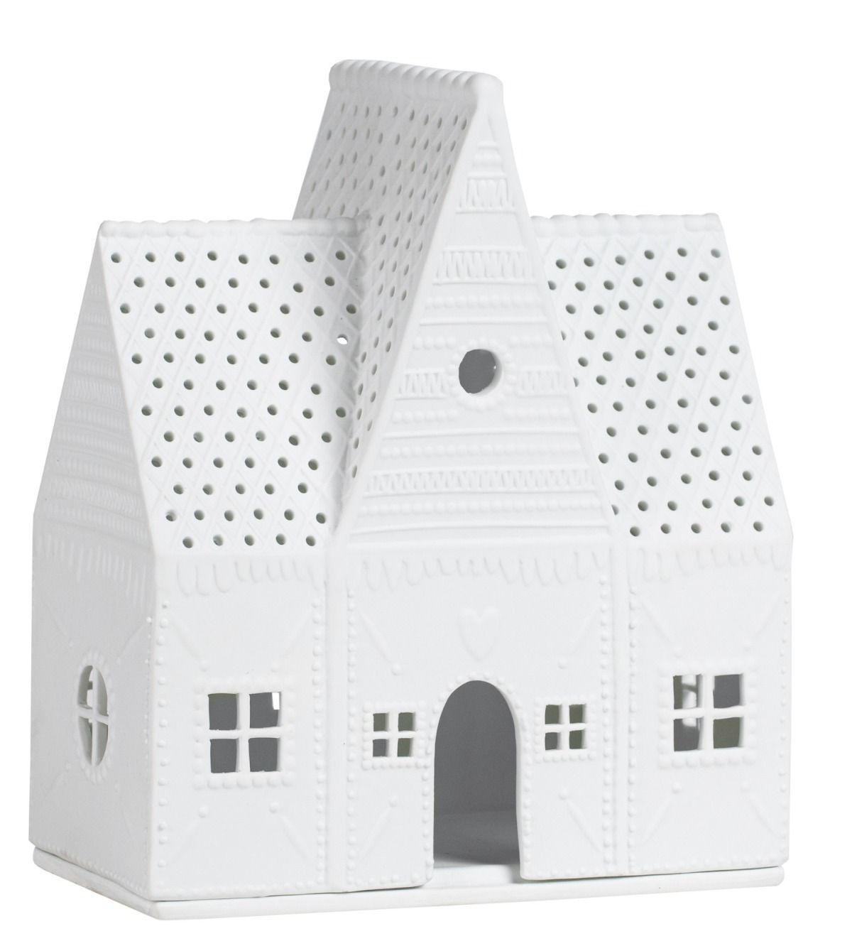 Detailaufnahme eines weißen Zuhause Lichthaus Lebkuchenhaus aus Keramik, Teil eines 3er-Sets, für stimmungsvolle Weihnachtsdekoration.